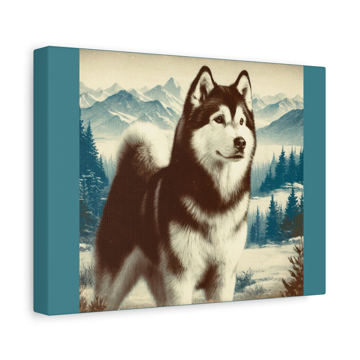 Alaskan Husky Animal Wall Art - Winter Theme on Vintage Green Canvas