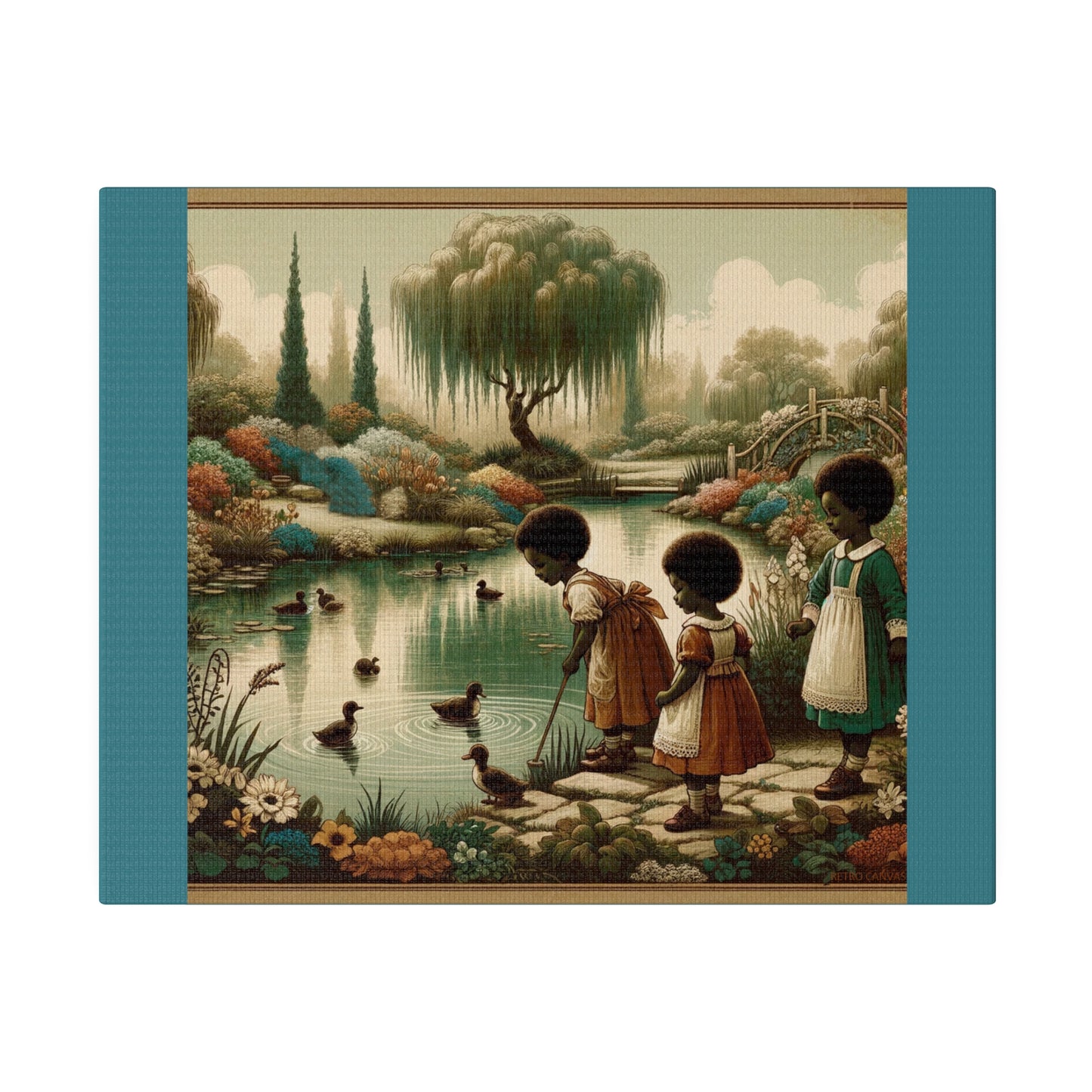 Children at the Pond - Vintage Green Matte Stretched Canvas