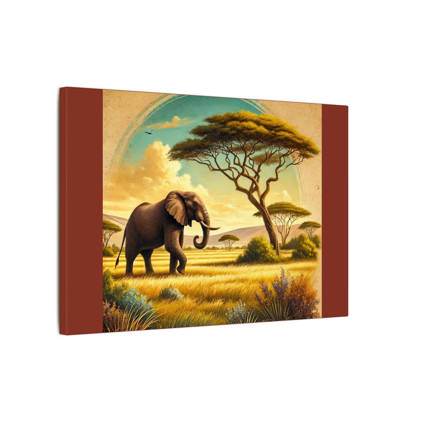 Elephant in Vibrant Colored Savanna on Burnt Umber Canvas
