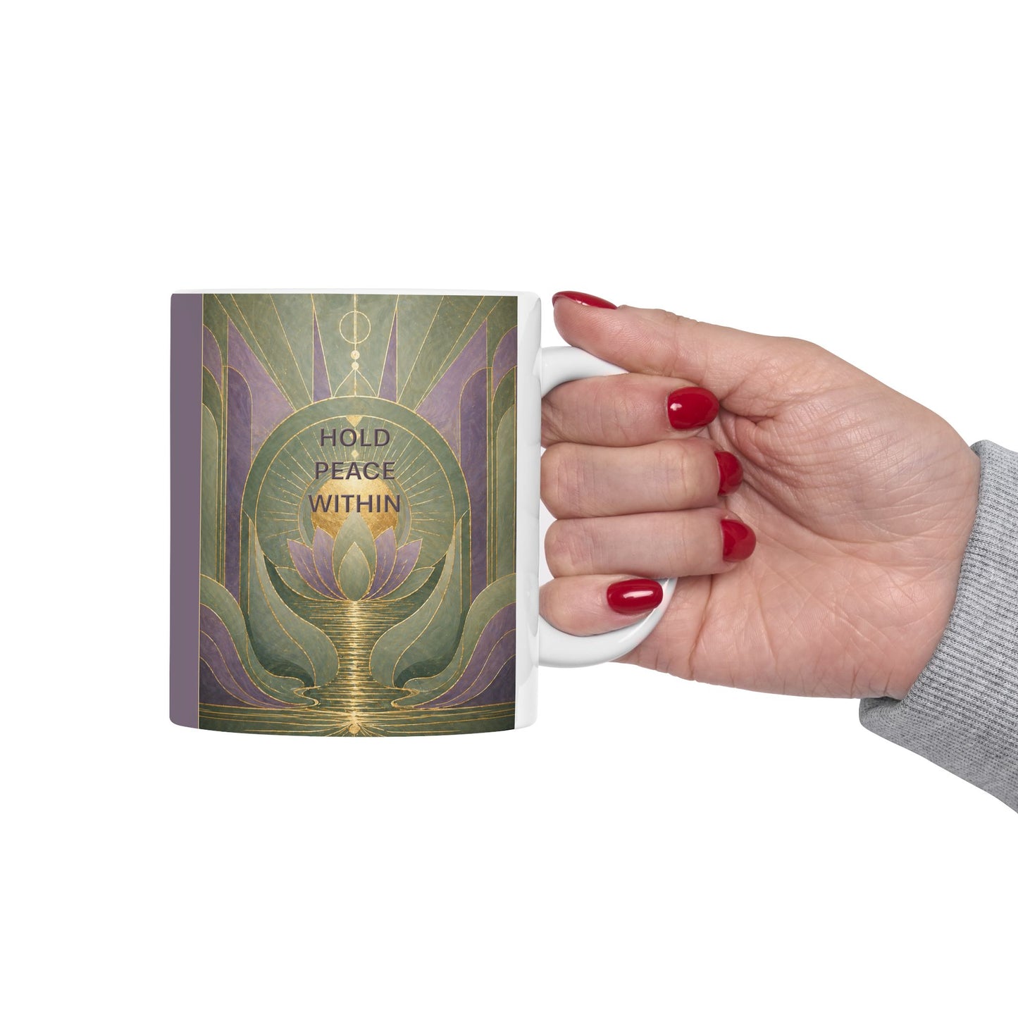 Art Nouveau Lotus Ceramic Mug — Lavender Green Geometric Floral Design (11oz)