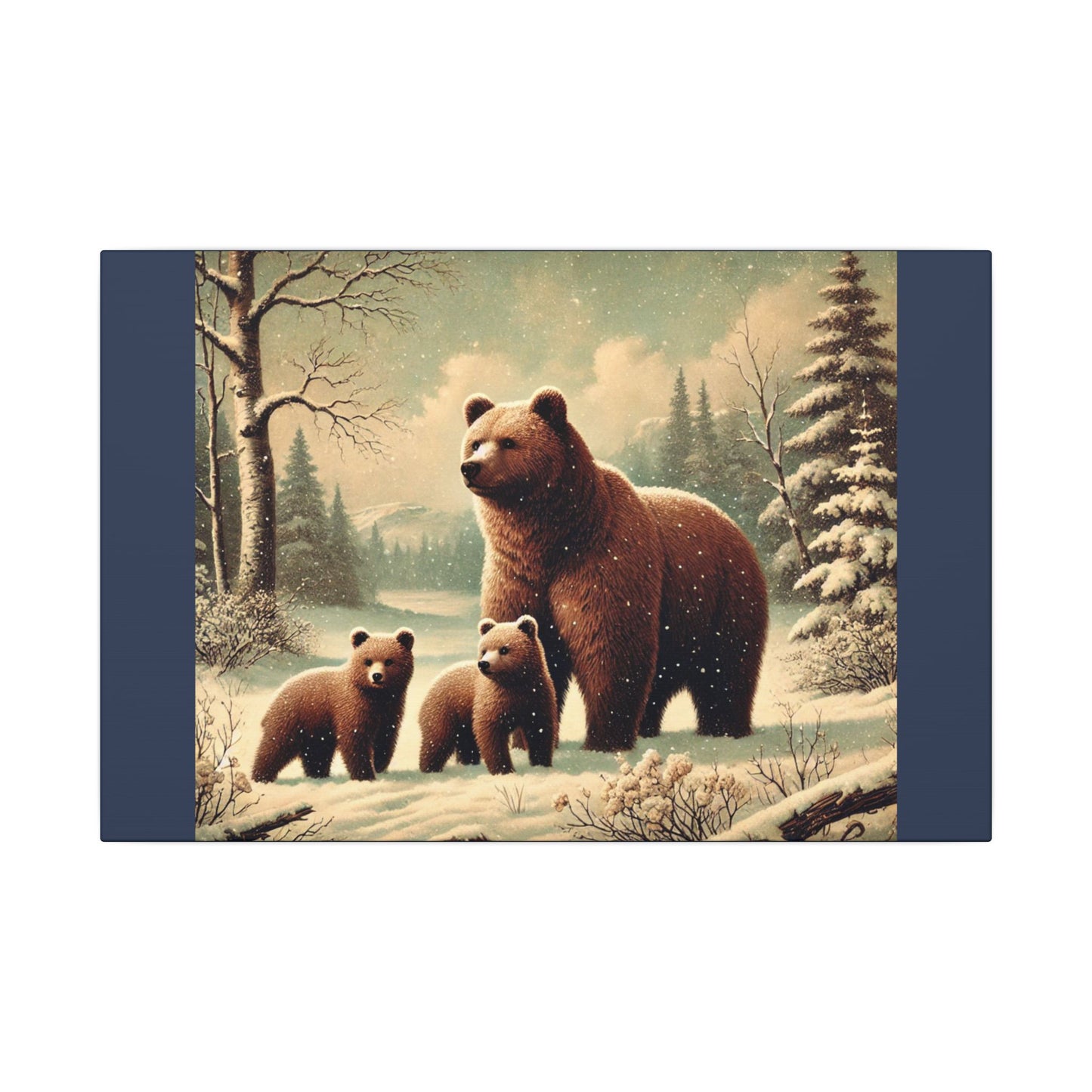 Winter Brown Bear Family- Vintage Blue Canvas, Animal Wall Art, Nursery Idea-Winter Scene