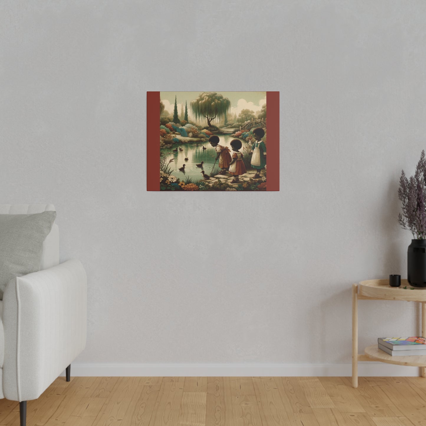 Children at the Pond - Burnt Umber Matte Stretched Canvas