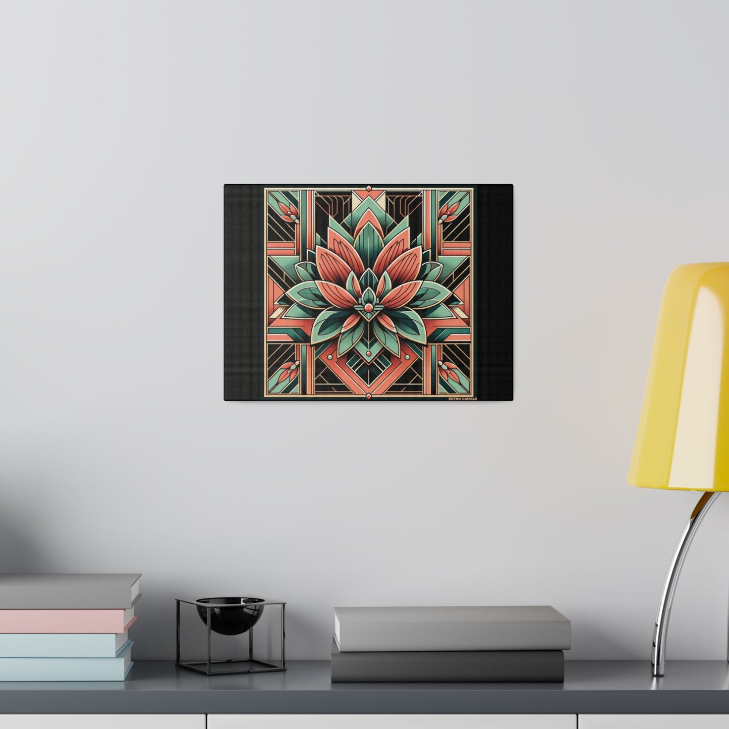 Lotus Art Deco Wall Art on Black Stretched Canvas