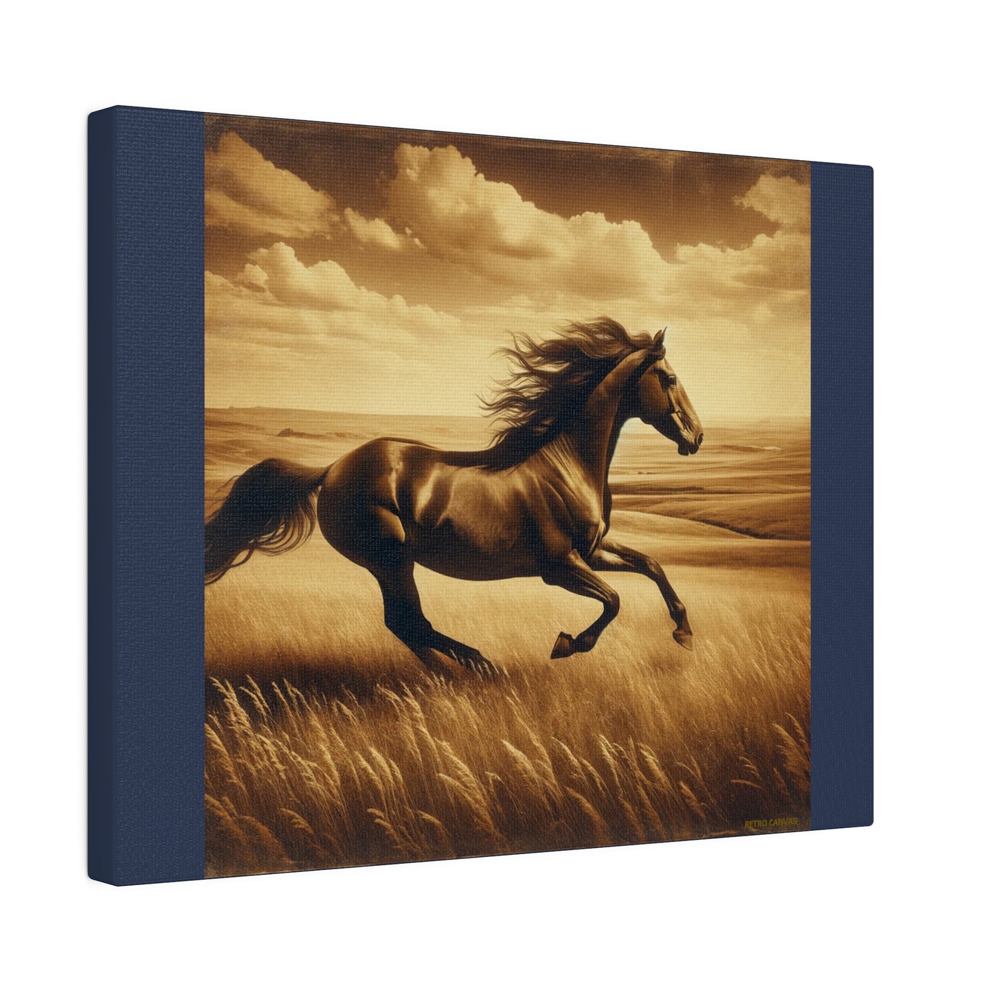 Running Horse Wall Art Horse Lovers Art |Vintage Blue Matte Stretched Canvas