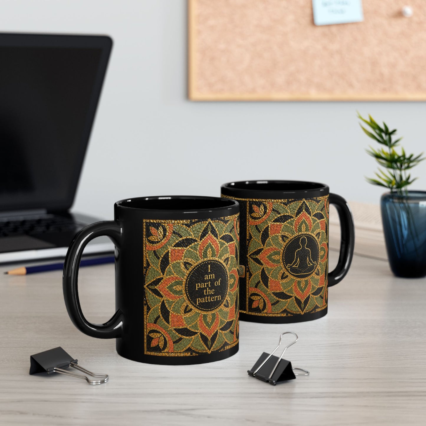 Meditation Mandala Black Mug — Yoga Lotus Pattern Coffee Cup (11oz)