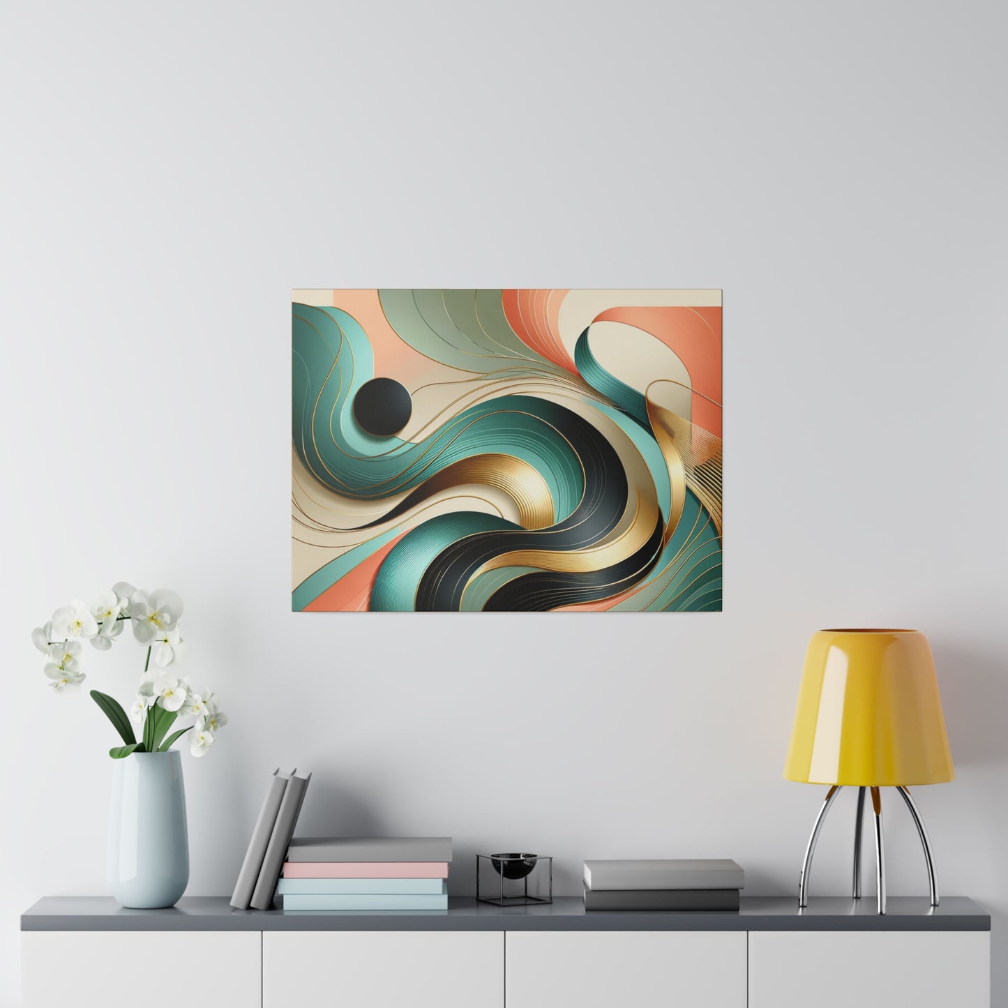 Swirl Black Salmon Gold Abstract Wall Art for Office Home Décor for Living Room Retro Themed Art on Tan Canvas