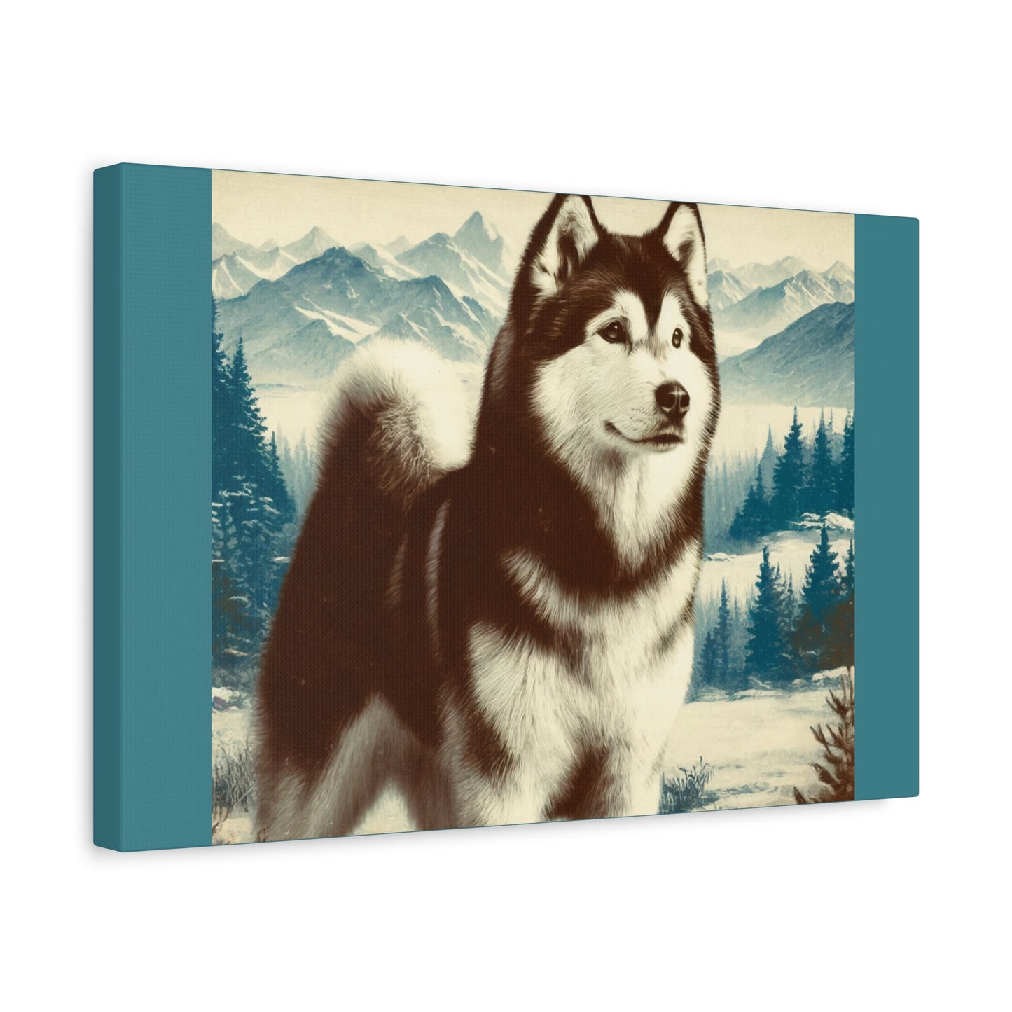 Alaskan Husky Animal Wall Art - Winter Theme on Vintage Green Canvas