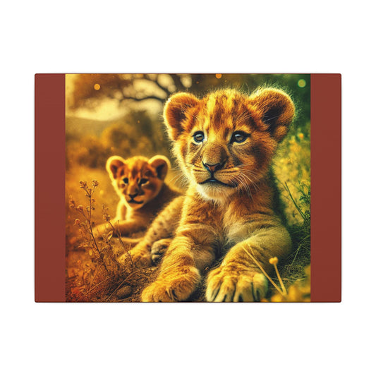 Lion Cubs Burnt Umber Canvas Print| Resting Under Savanna Tree | Wildlife Wall Art | Safari Nature Animal Canvas| Nursery or Rustic Decor