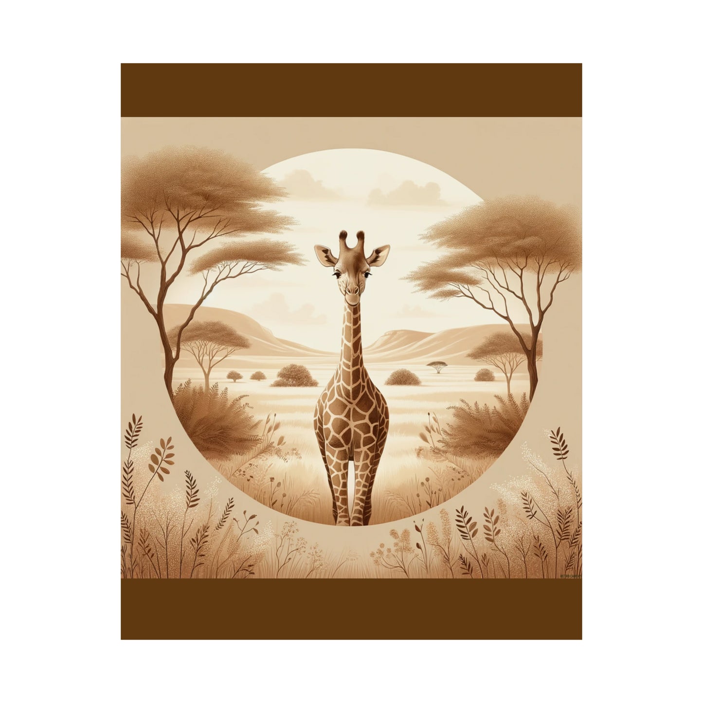 Affiche murale pour chambre d'enfant avec portrait de girafe | Affiche verticale mate marron