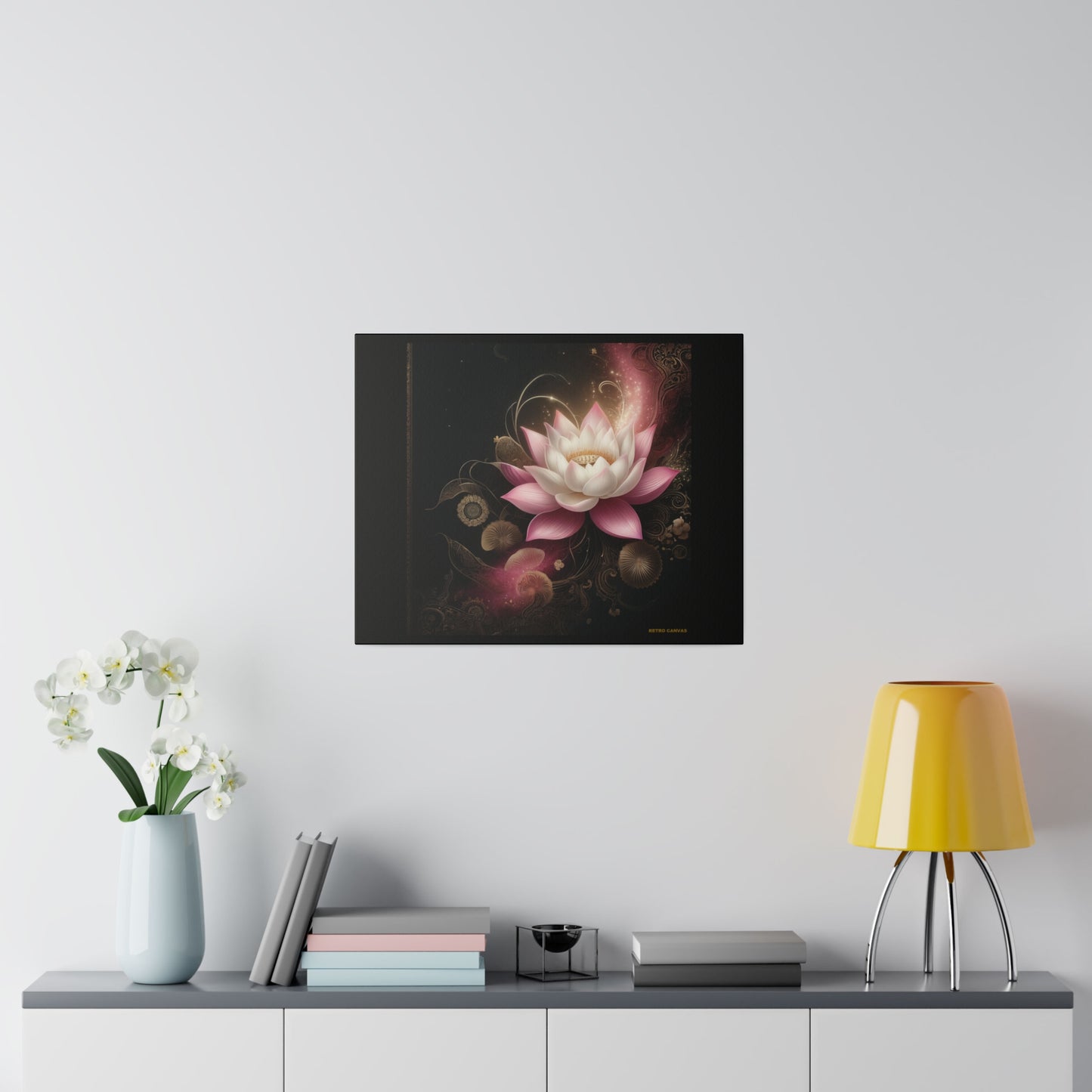 Ethereal Lotus Wall Art on Black Stretched Canvas