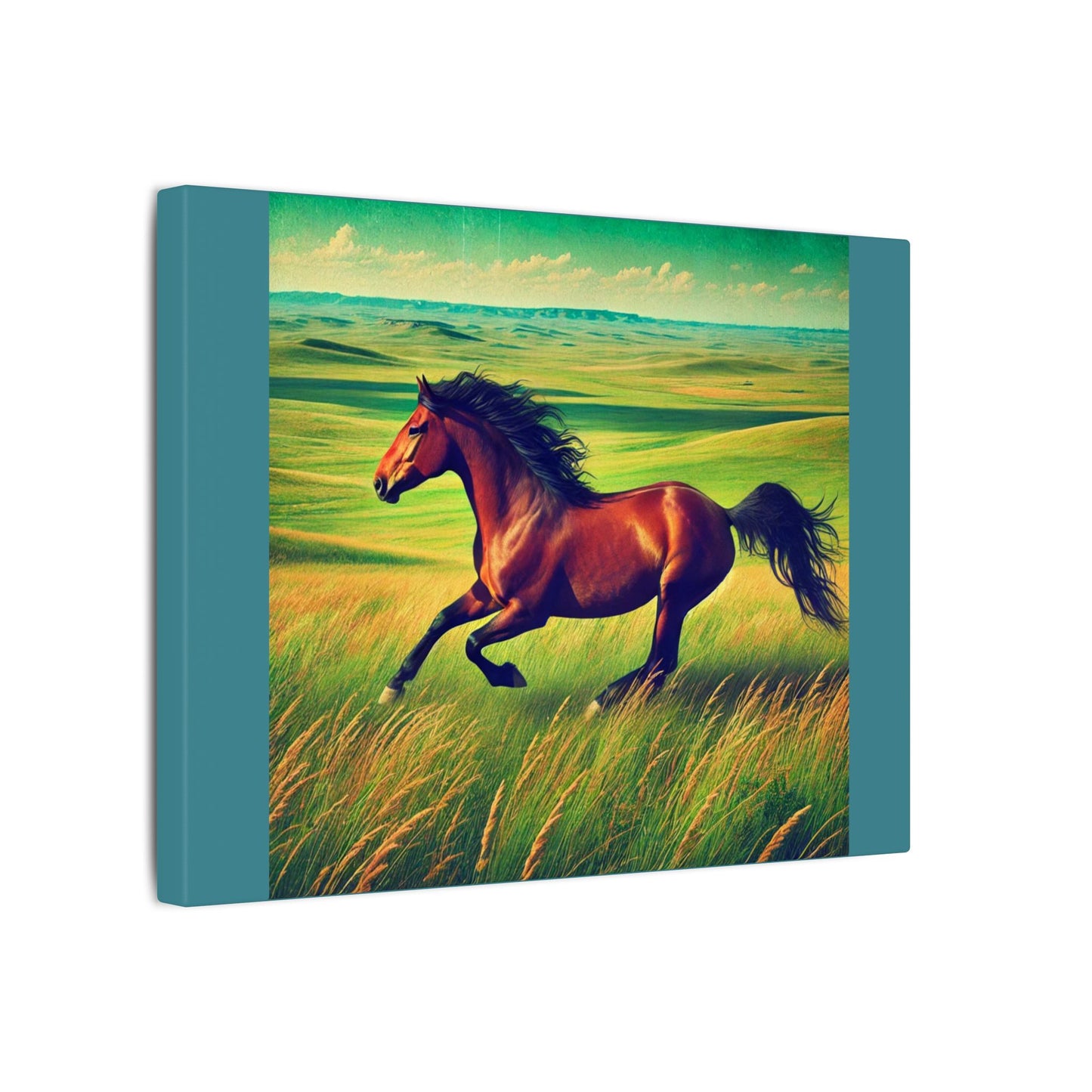 Vintage Green Canvas Gallery Wraps - Running Horse in Open Prairie