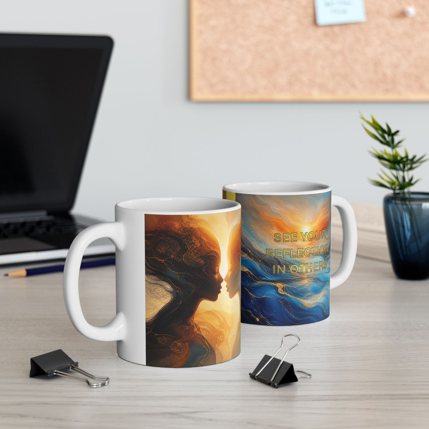 Abstract Ocean Swirls and Reflection Silhouette Mug — Blue & Gold flow Art