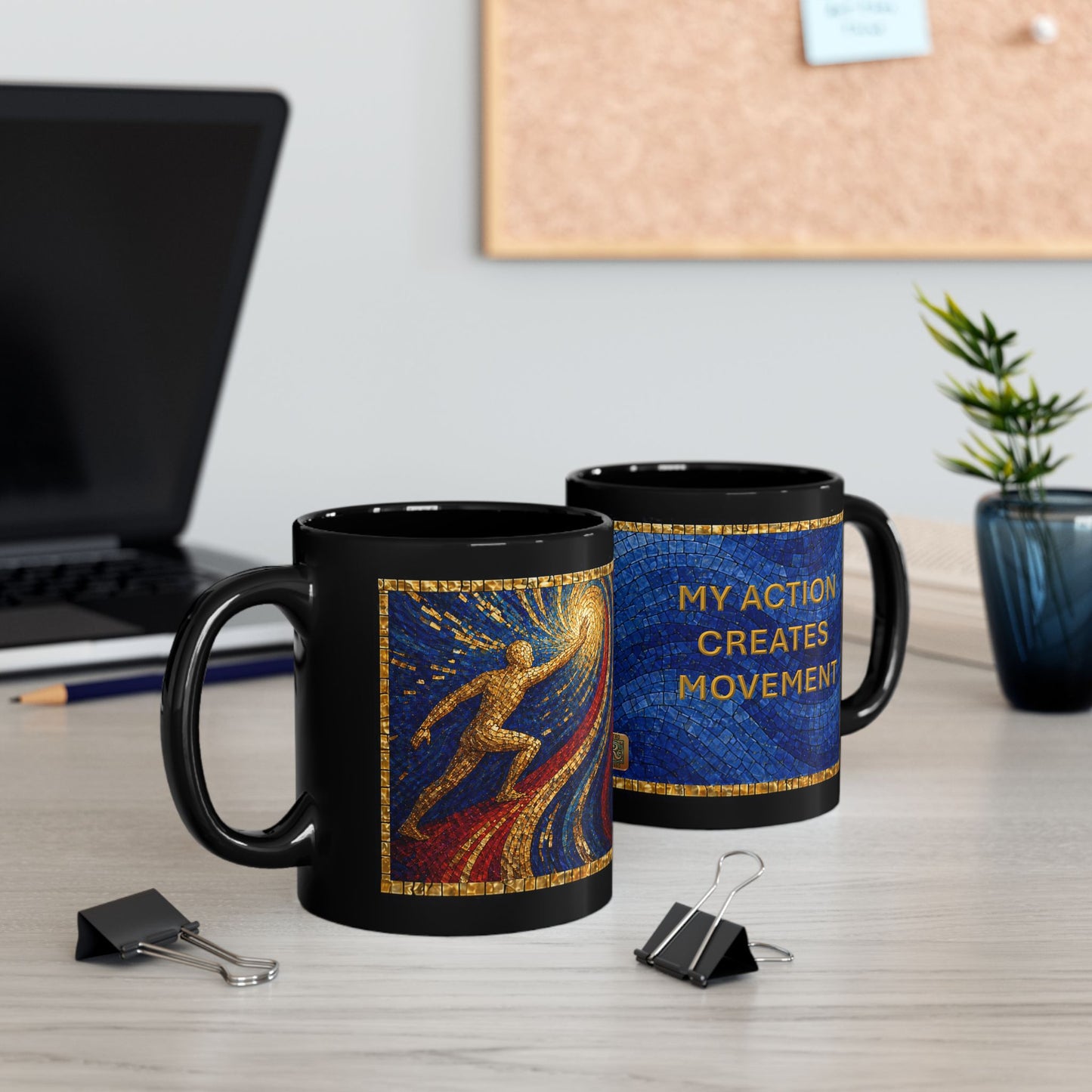 Artistic Blue Mosaic Art Coffee Mug — Inspirational "My Action Creates Movement" Phrase