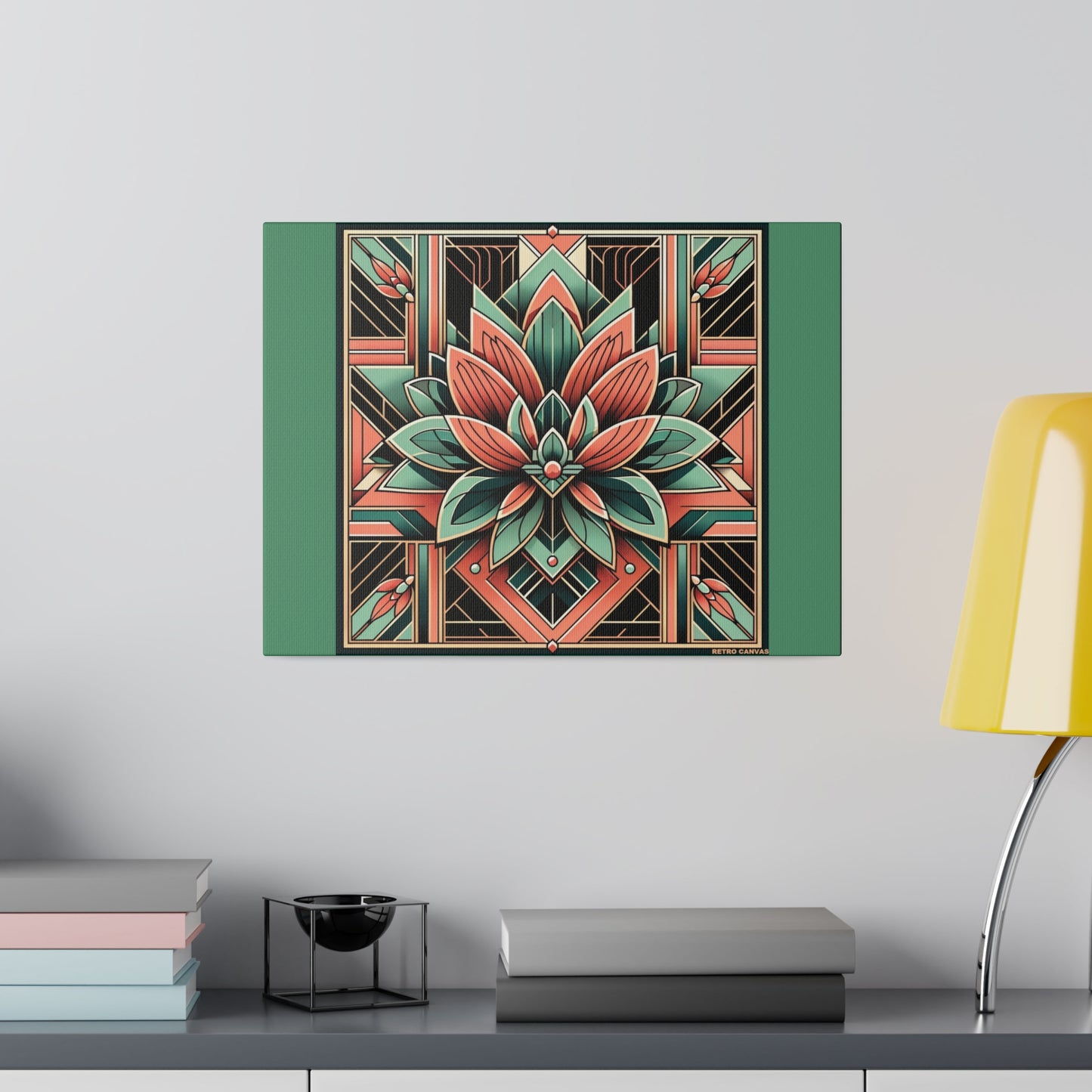 Lotus Art Deco Wall Art on Green Stretched Canvas