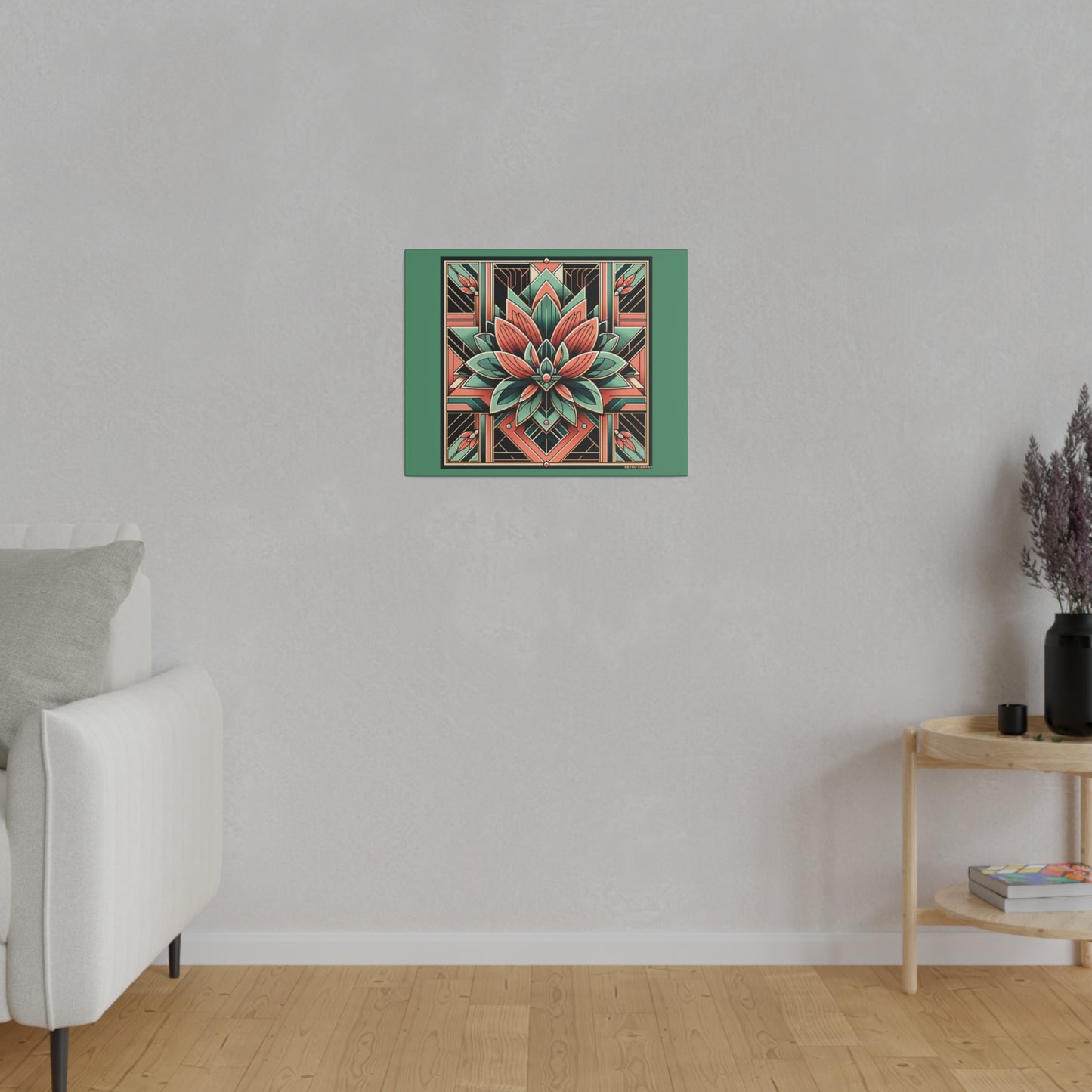 Lotus Art Deco Wall Art on Green Stretched Canvas