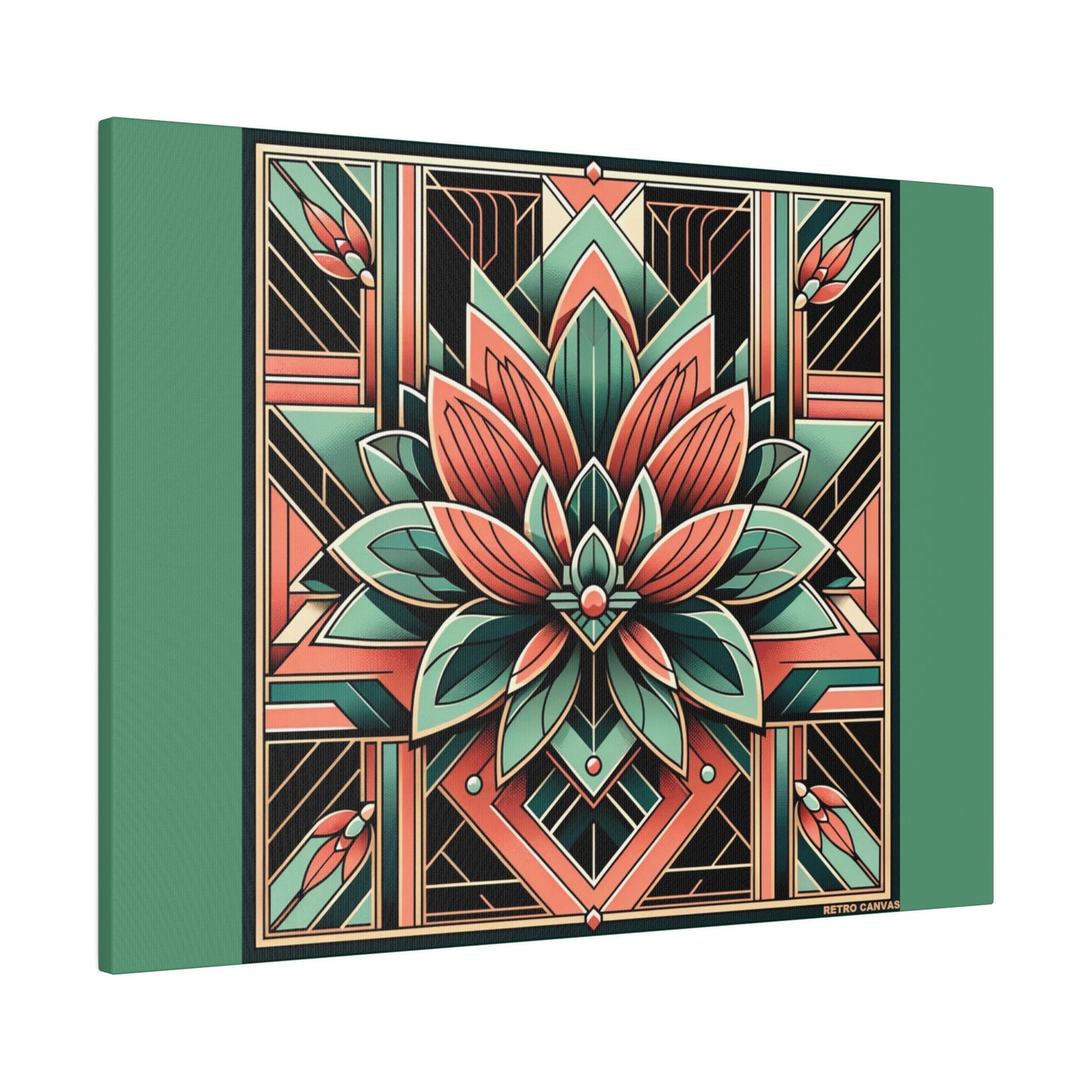 Lotus Art Deco Wall Art on Green Stretched Canvas