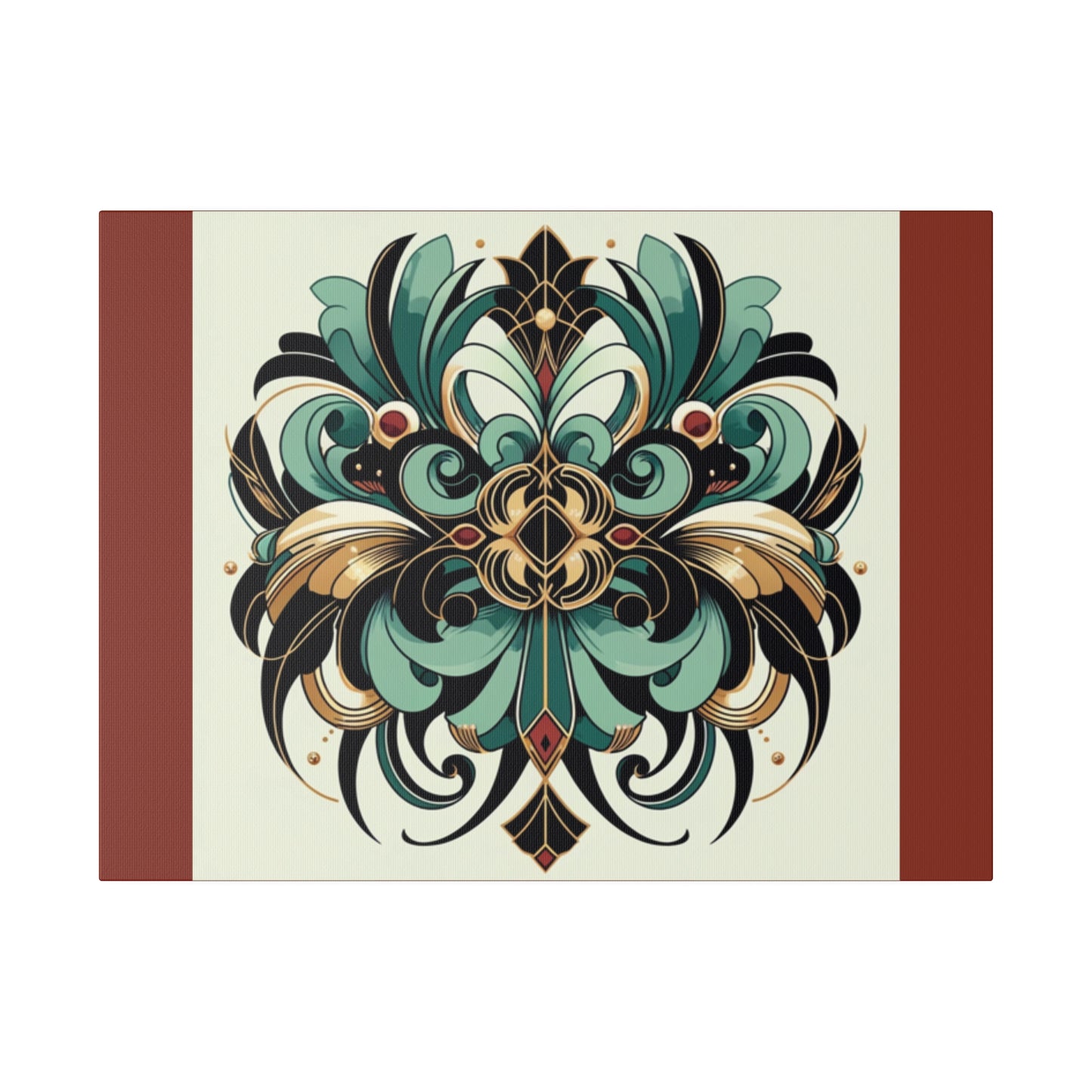 Green Black Gold Flower Art Deco Wall Art on Burnt Umber Stretched Canvas