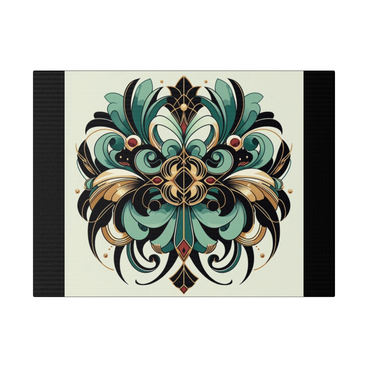 Green Black Gold Flower Art Deco Wall Art on Black Stretched Canvas