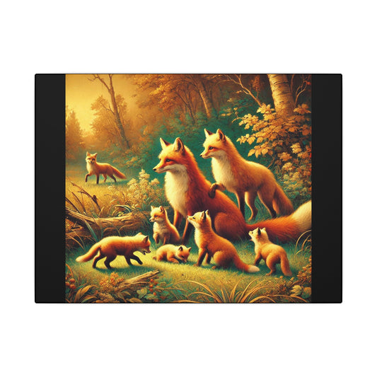 Fox Family in Fall Colored Forest on Black Canvas