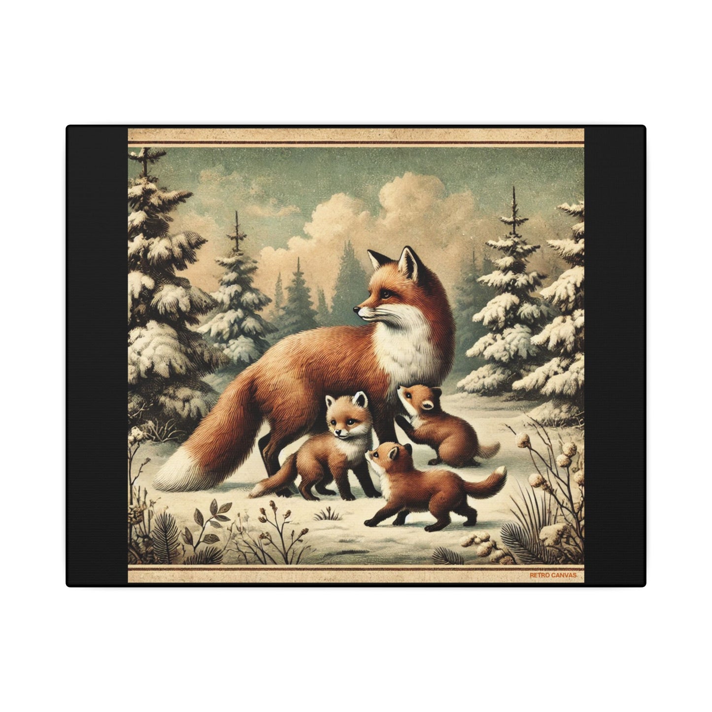 Winter Fox Family Theme- Black Canvas, Animal Wall Art, Nursery Idea
