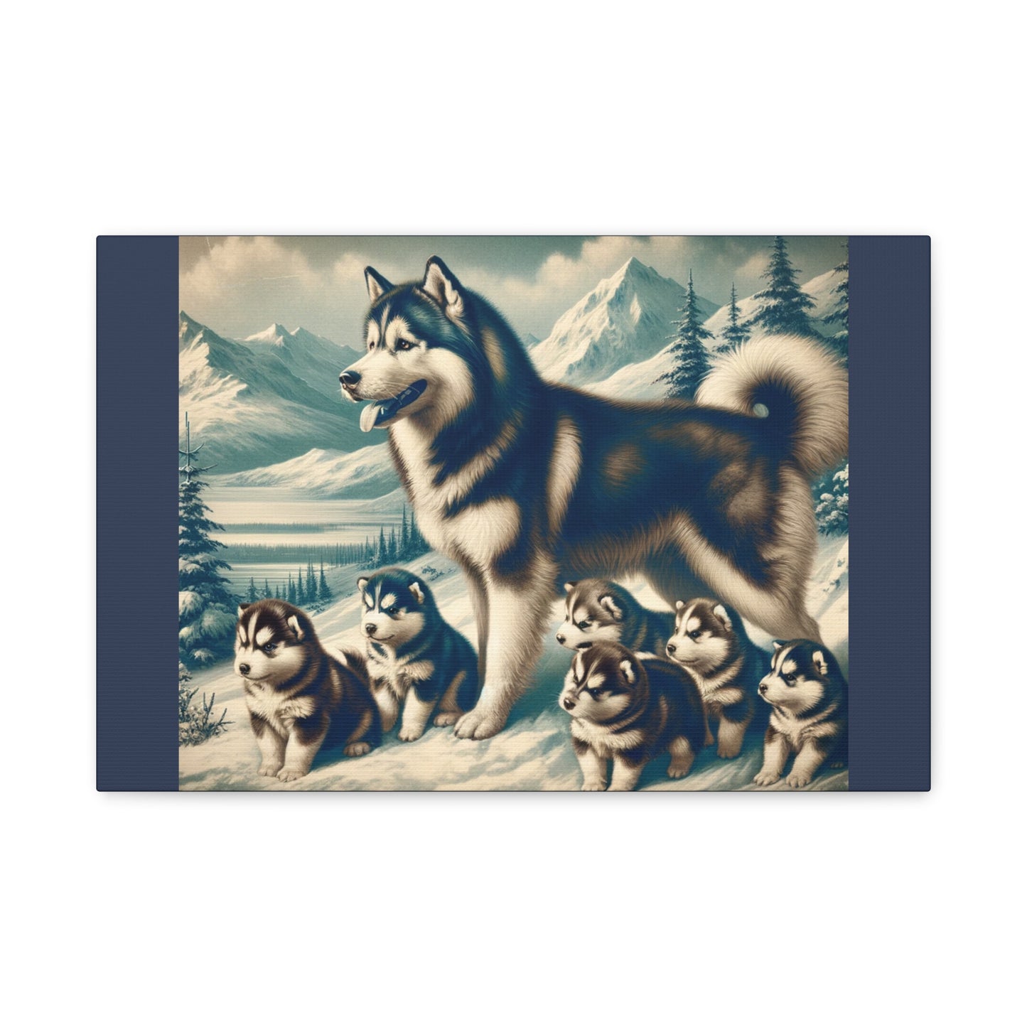 Alaskan Husky Family Animal Wall Art -Vintage Blue Canvas