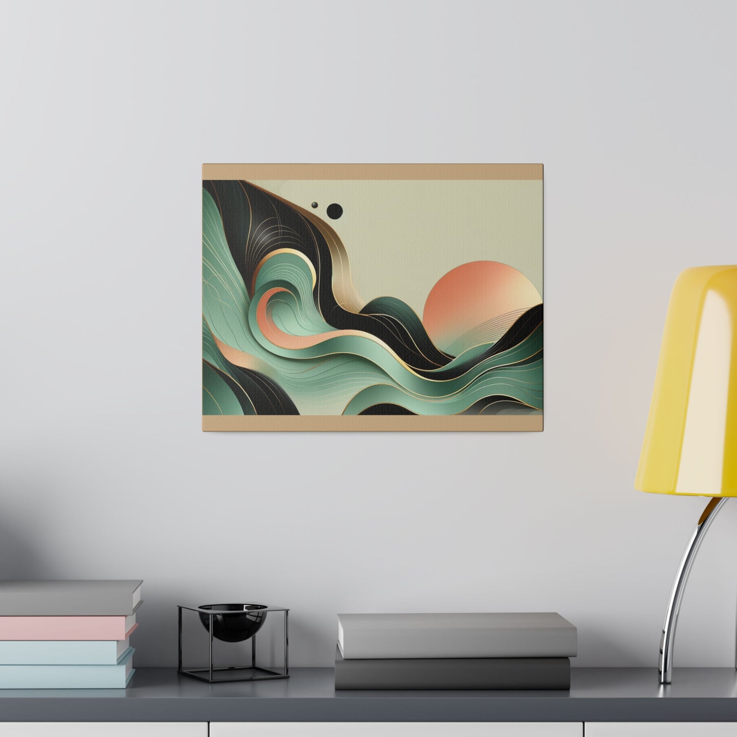 Sunrise Green Black Gold Abstract Wall Art for Office Art for Living Room Art on Tan Canvas