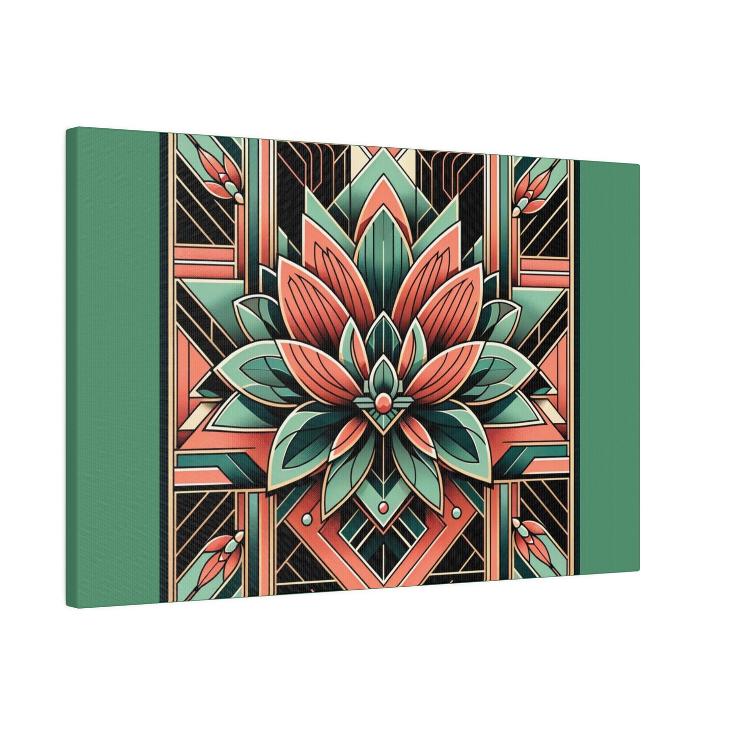 Lotus Art Deco Wall Art on Green Stretched Canvas