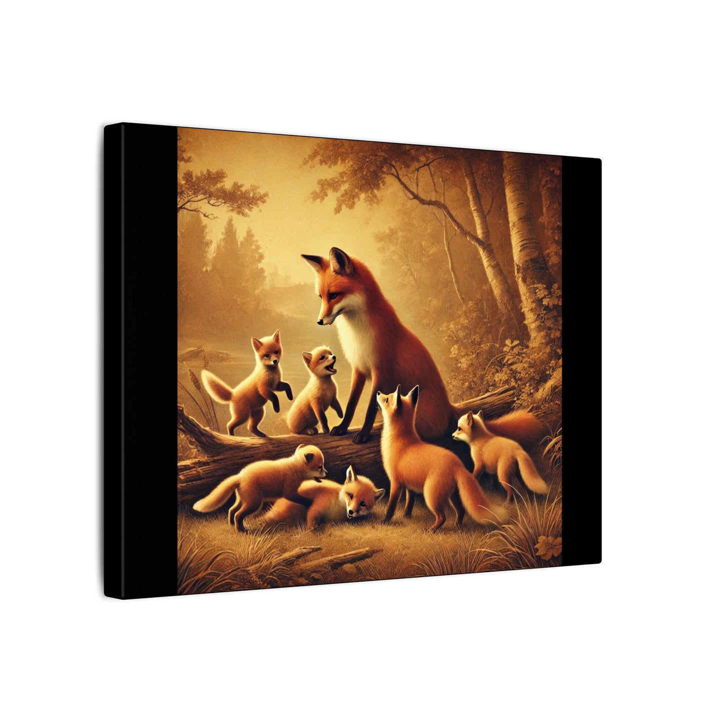 Vintage Styled Fox Family in Forest on Black Canvas