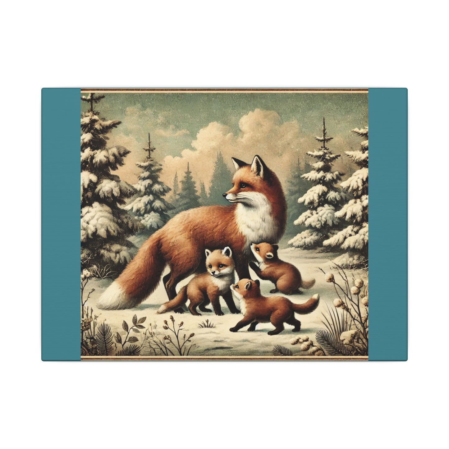Winter Fox Family Theme- Vintage Green Canvas, Animal Wall Art, Nursery Idea