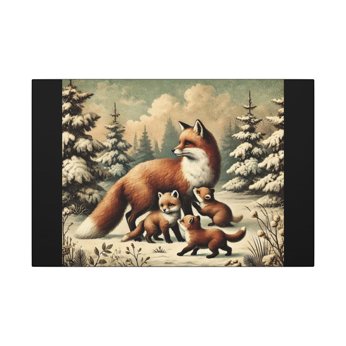 Winter Fox Family Theme- Black Canvas, Animal Wall Art, Nursery Idea