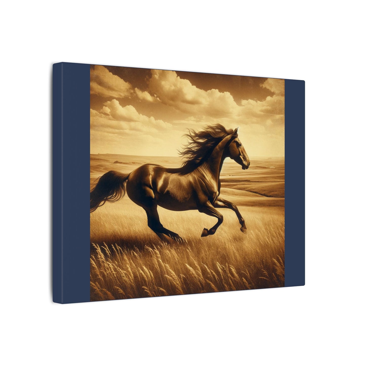 Running Horse Wall Art Horse Lovers Art |Vintage Blue Matte Stretched Canvas