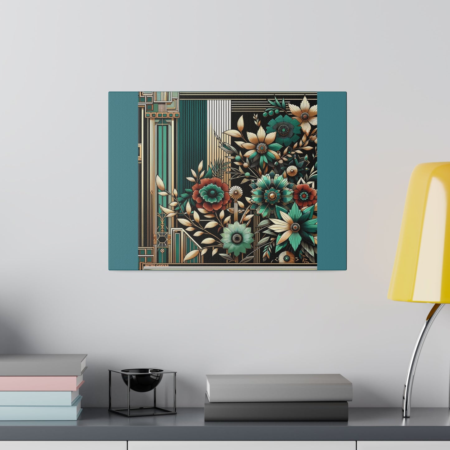 Floral Bouquet Art Deco Wall Art on Black Stretched Canvas