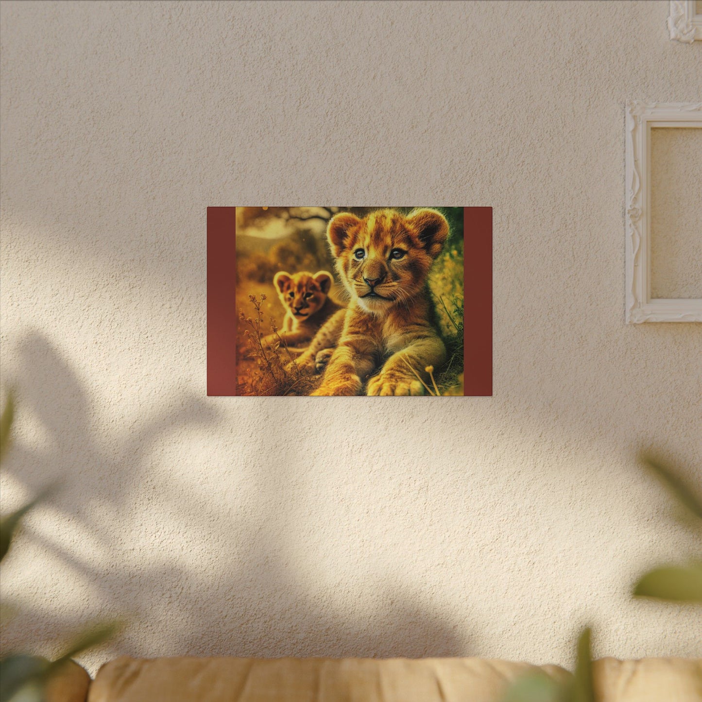 Lion Cubs Burnt Umber Canvas Print| Resting Under Savanna Tree | Wildlife Wall Art | Safari Nature Animal Canvas| Nursery or Rustic Decor