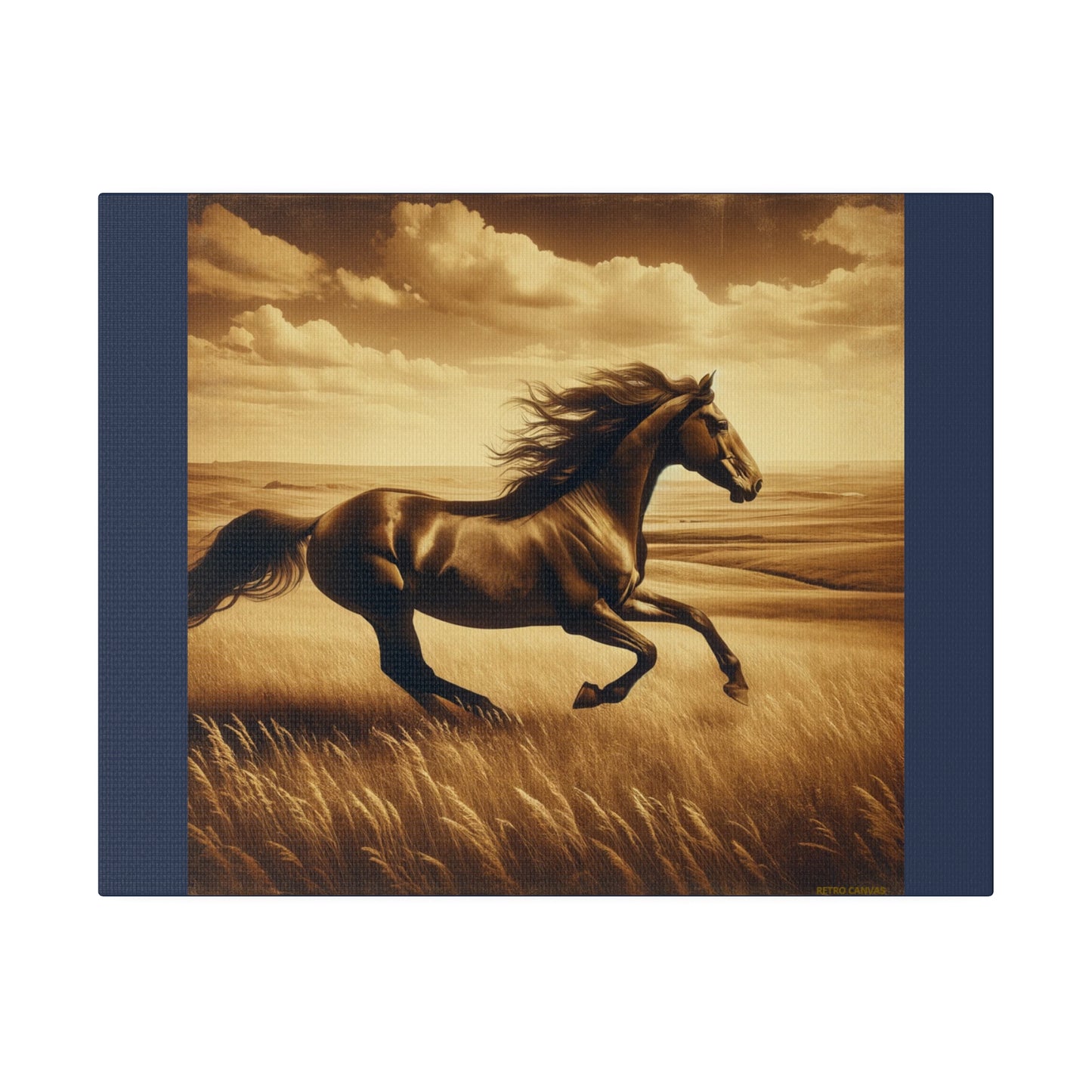 Running Horse Wall Art Horse Lovers Art |Vintage Blue Matte Stretched Canvas