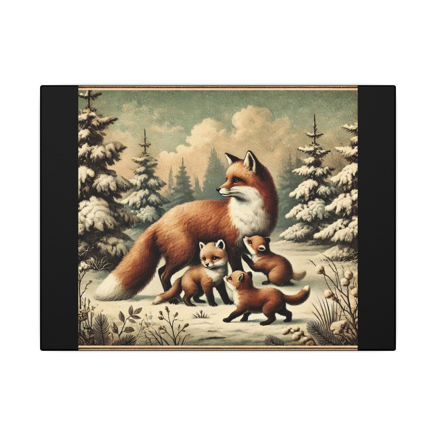 Winter Fox Family Theme- Black Canvas, Animal Wall Art, Nursery Idea