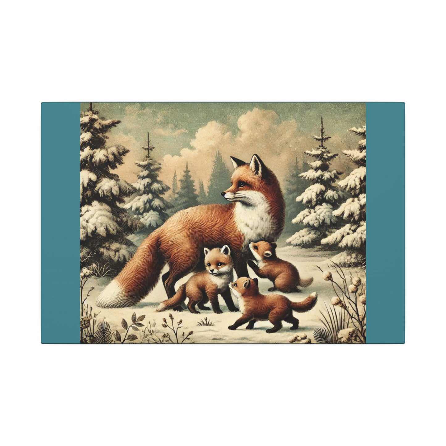 Winter Fox Family Theme- Vintage Green Canvas, Animal Wall Art, Nursery Idea