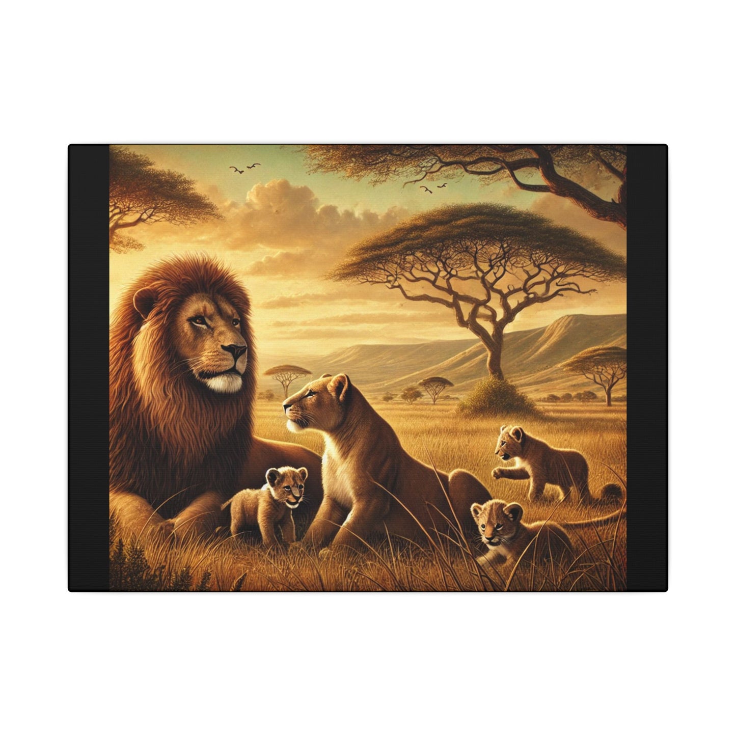 Majestic Lion Family- Black Canvas, Animal Wall Art, Nursery Idea