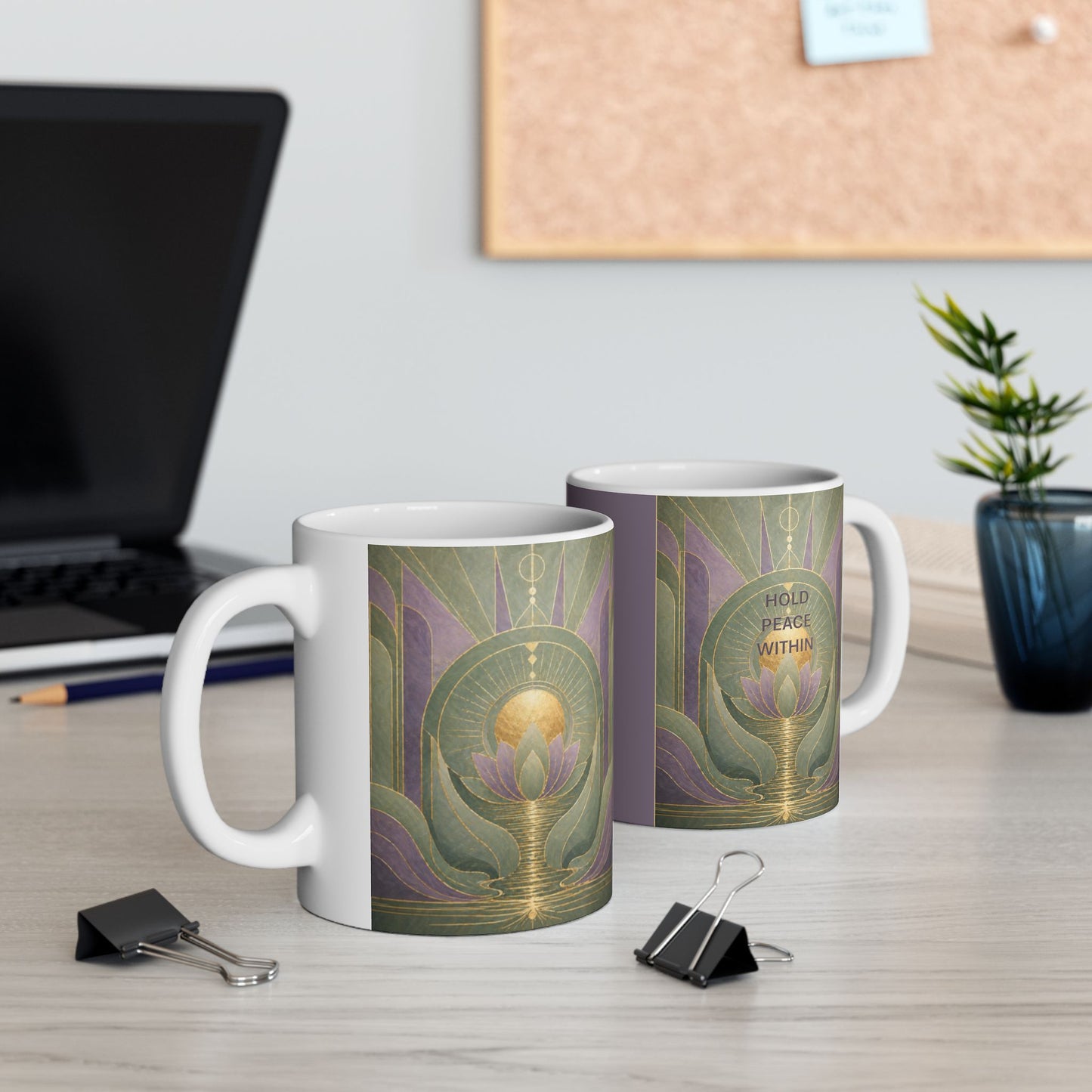 Art Nouveau Lotus Ceramic Mug — Lavender Green Geometric Floral Design (11oz)