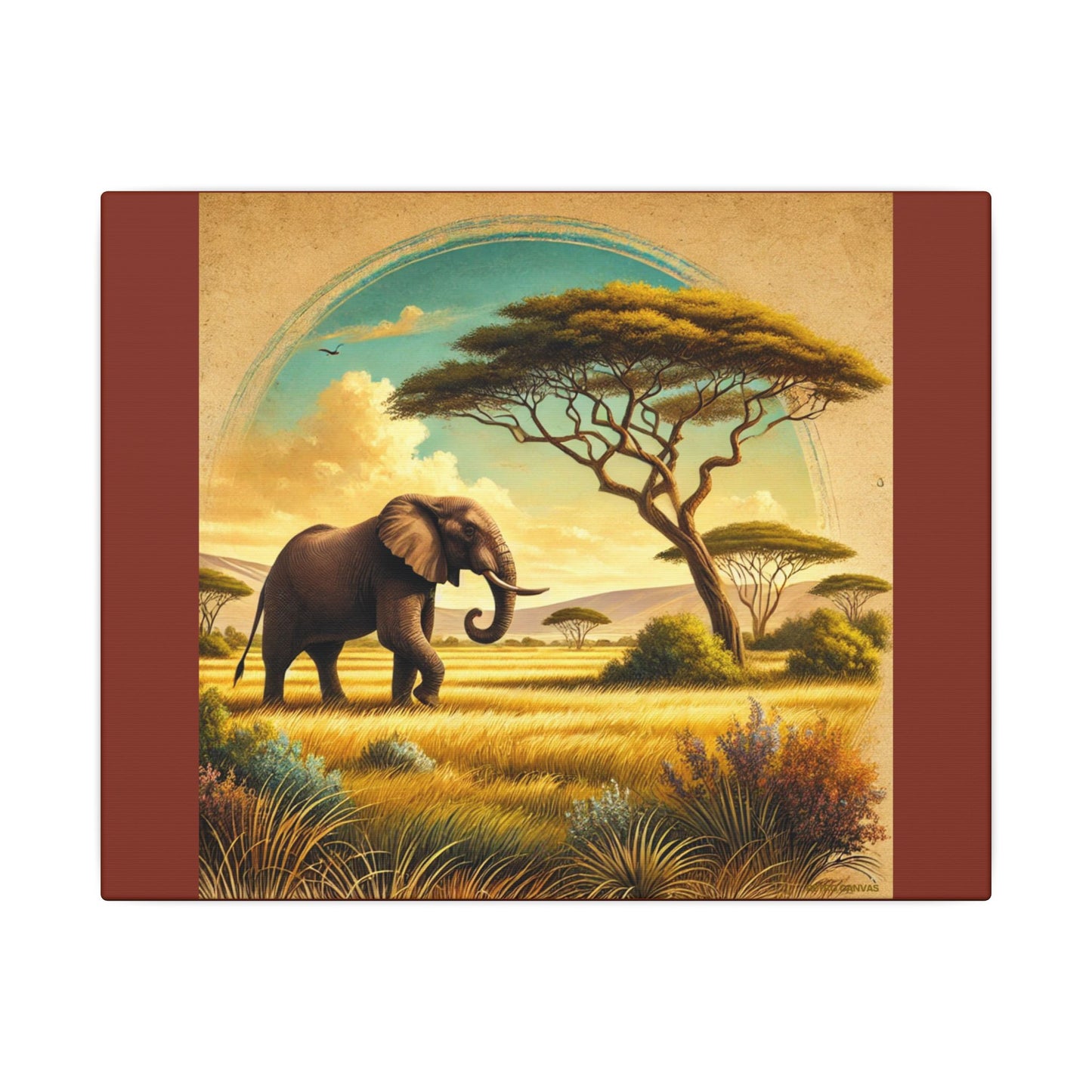 Elephant in Vibrant Colored Savanna on Burnt Umber Canvas