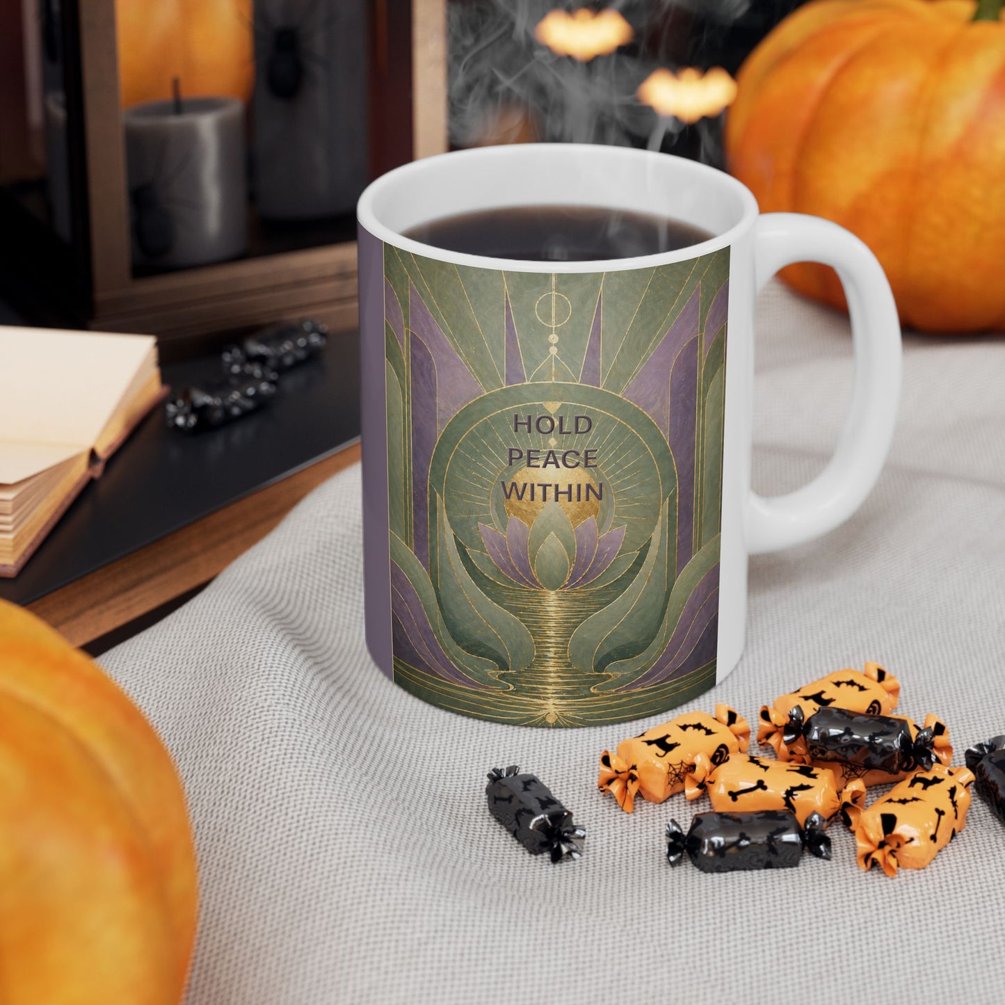 Art Nouveau Lotus Ceramic Mug — Lavender Green Geometric Floral Design (11oz)