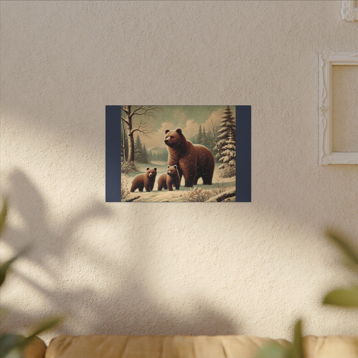 Winter Brown Bear Family- Vintage Blue Canvas, Animal Wall Art, Nursery Idea-Winter Scene