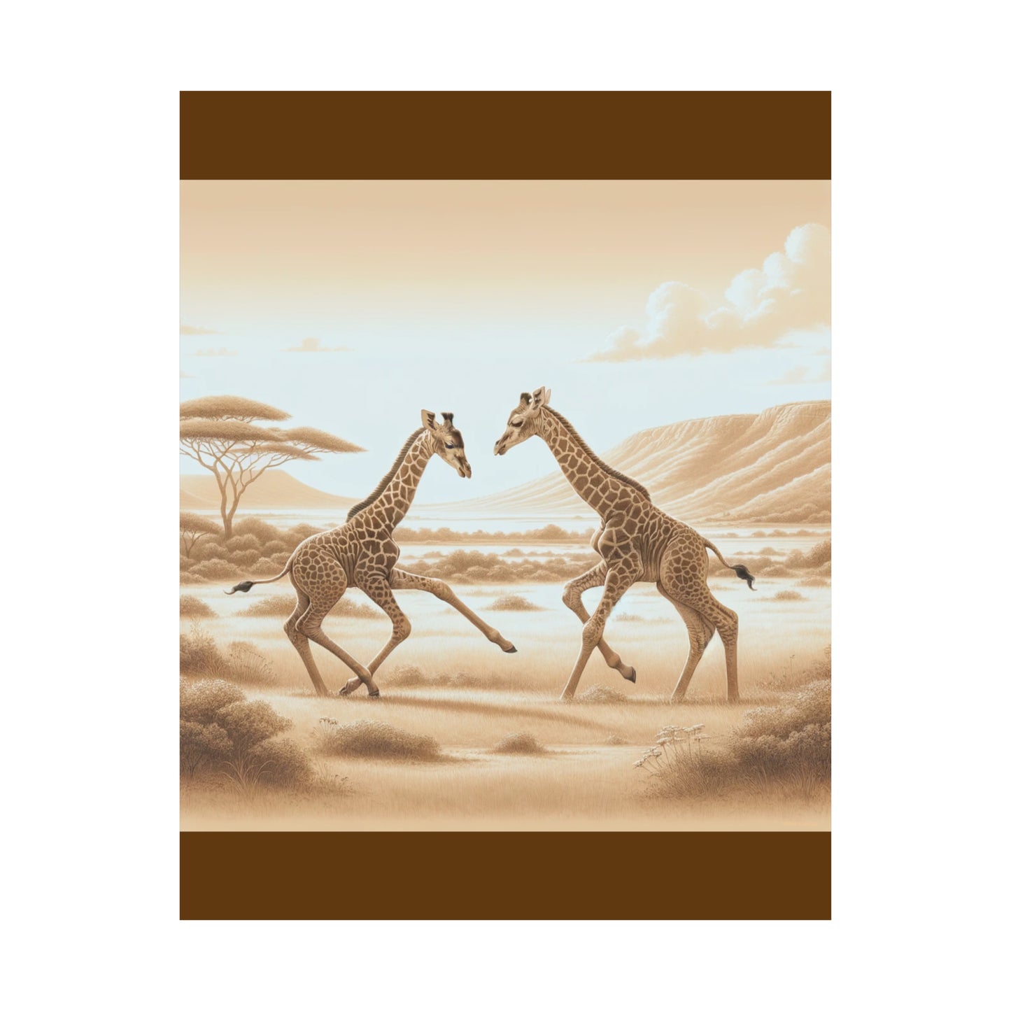 Giraffe Playing Wall Art for Kids Room Nursery |Brown Matte Vertical Poster