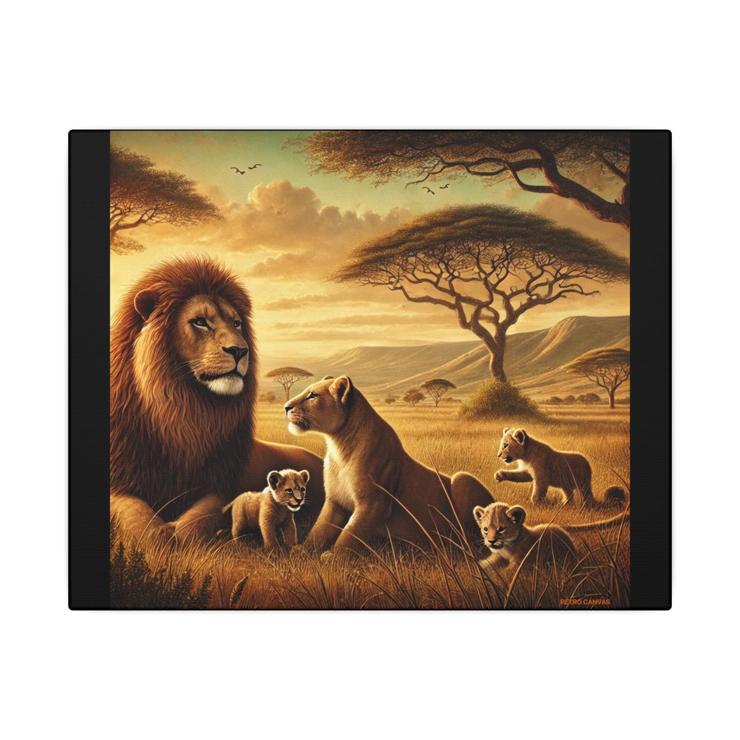 Majestic Lion Family- Black Canvas, Animal Wall Art, Nursery Idea