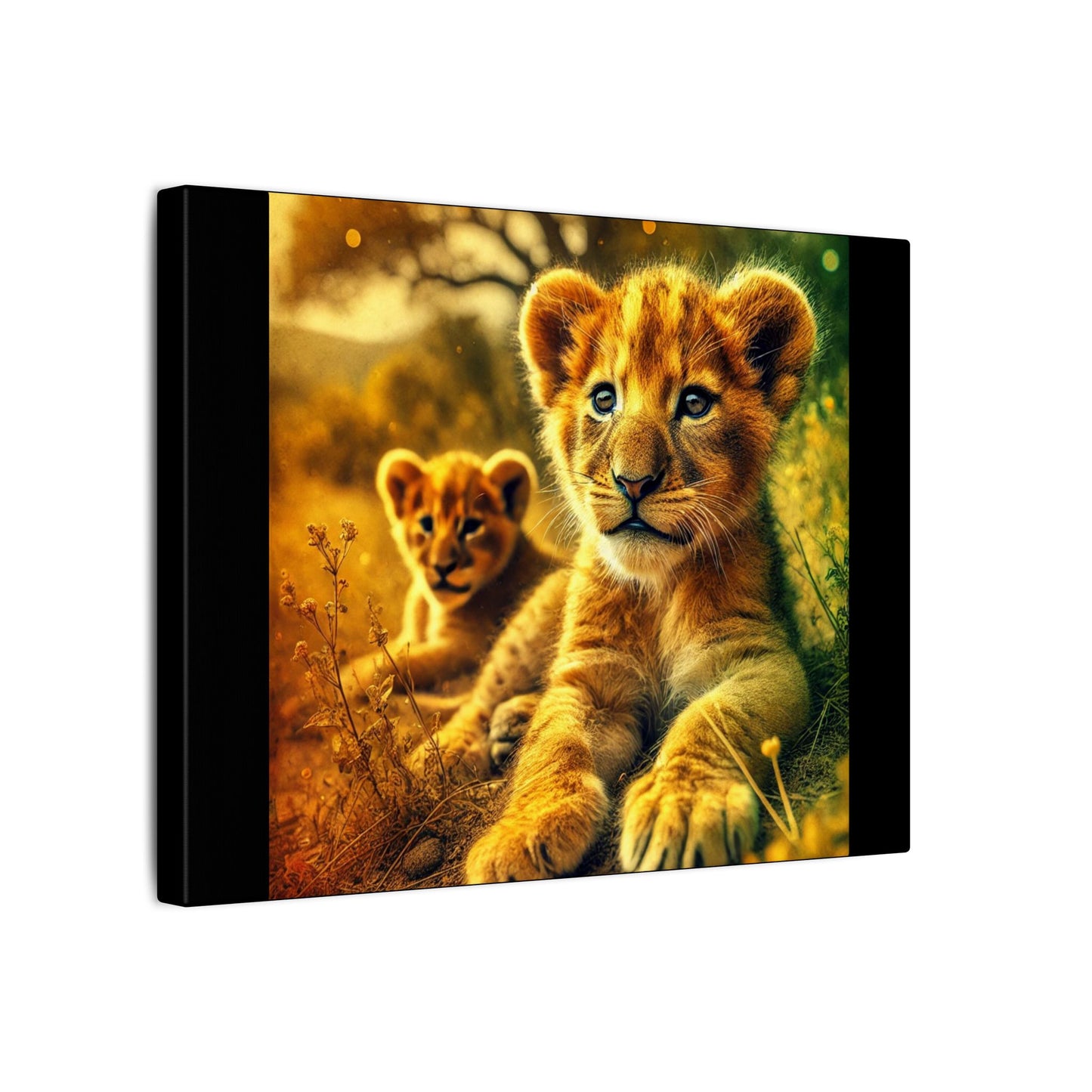 Lion Cubs Black Canvas Print| Resting Under Savanna Tree | Wildlife Wall Art | Safari Nature Animal Canvas| Nursery or Rustic Decor
