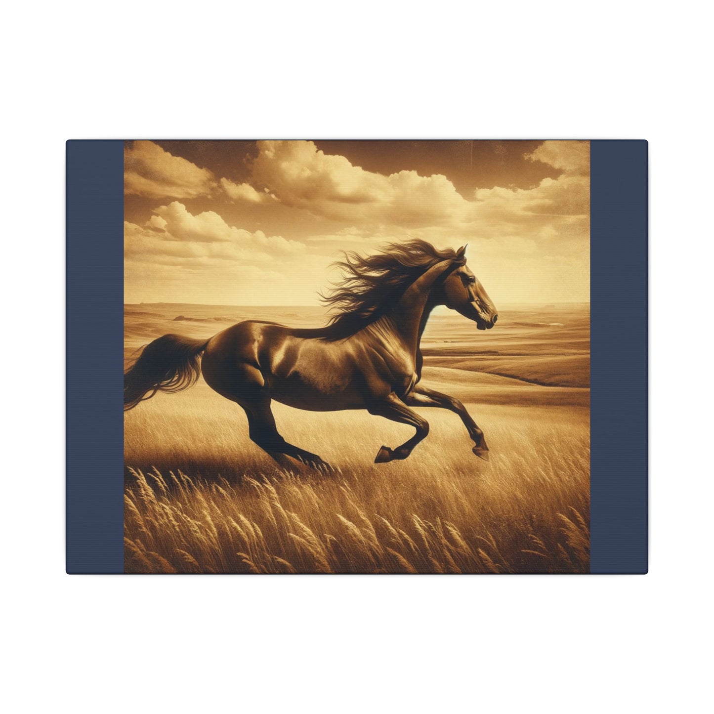 Running Horse Wall Art Horse Lovers Art |Vintage Blue Matte Stretched Canvas