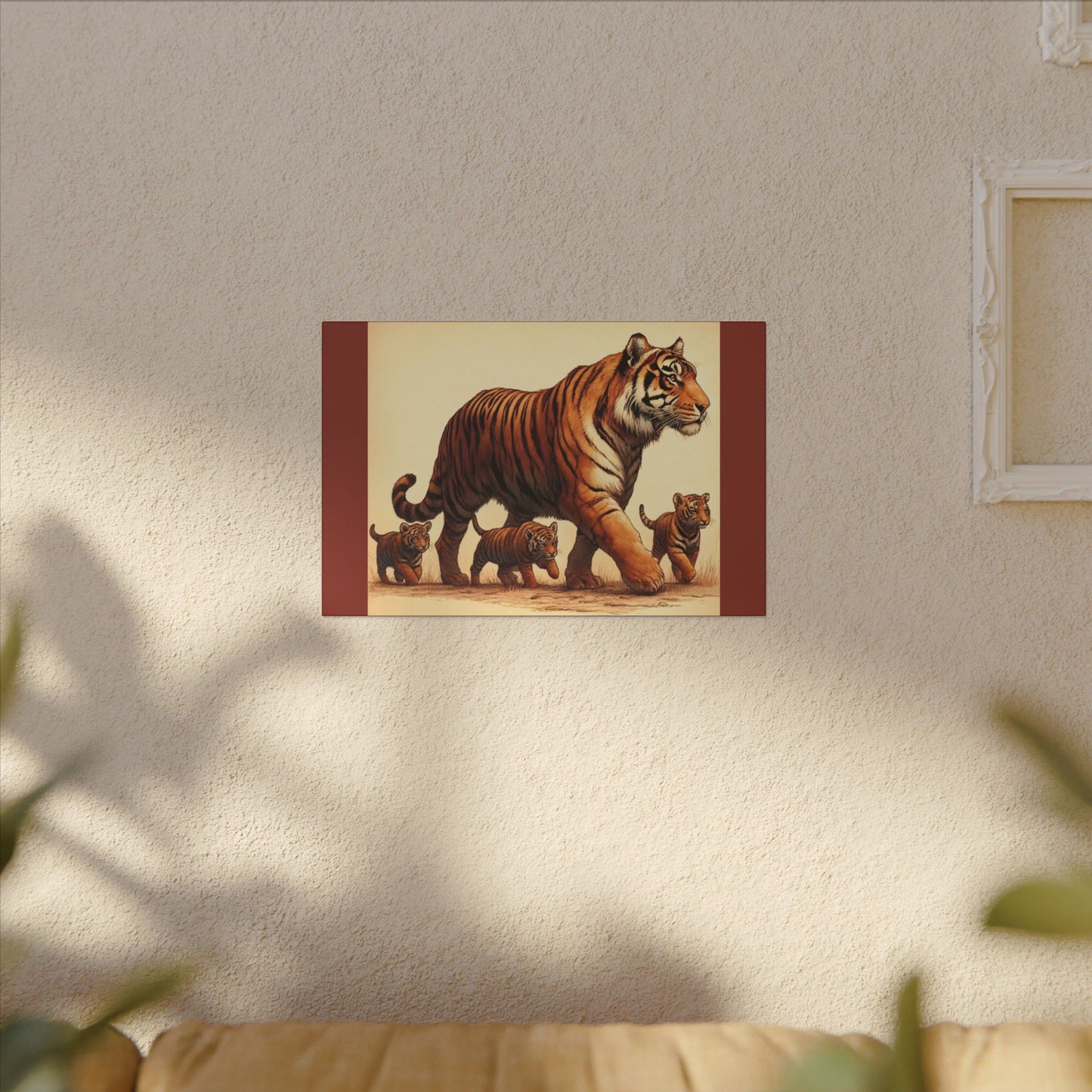 Décoration murale représentant une famille de tigres – Toile terre d'ombre brûlée