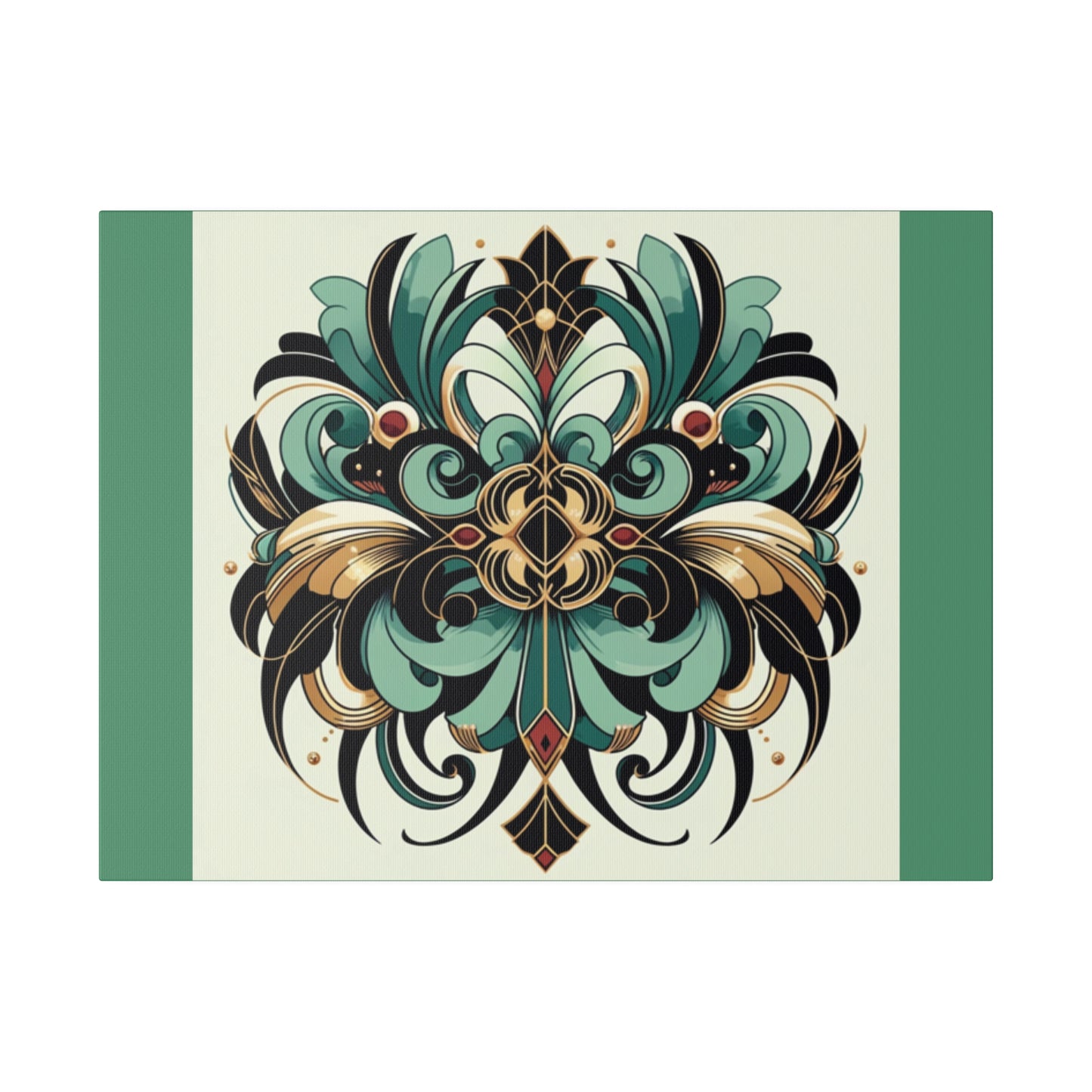 Green Black Gold Flower Art Deco Wall Art on Green Stretched Canvas