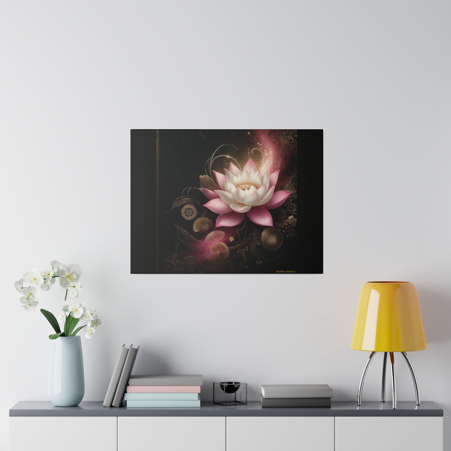 Ethereal Lotus Wall Art on Black Stretched Canvas