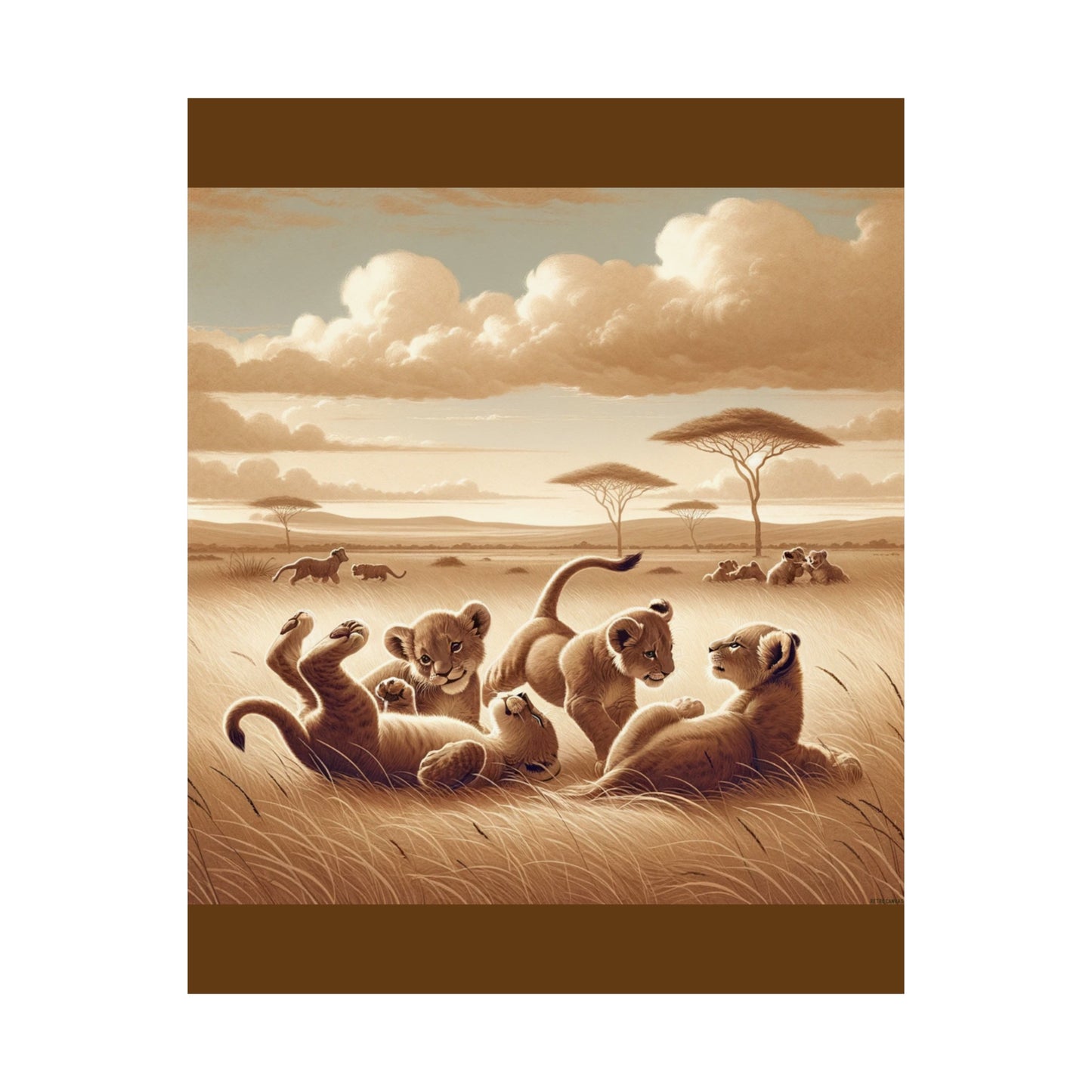 Lion Cubs Safari Animal Wall Art - Brown Matte Poster