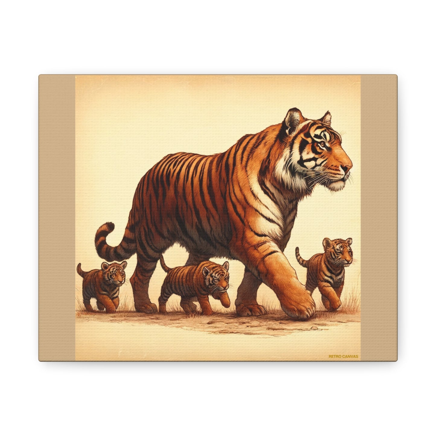 Tiger Family Animal Wall Art - Tan Canvas